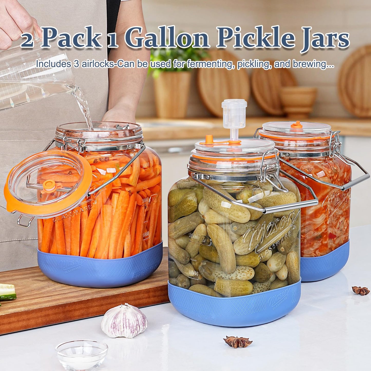 Folinstall 1 Gallon Fermentation Jar with 3 Airlocks, Stainless Steel Handle, Non-Slip Silicone Base, 128 oz Glass Storage Jar for Mead Making, Wine Making, Sourdough Starter, 2 Pack