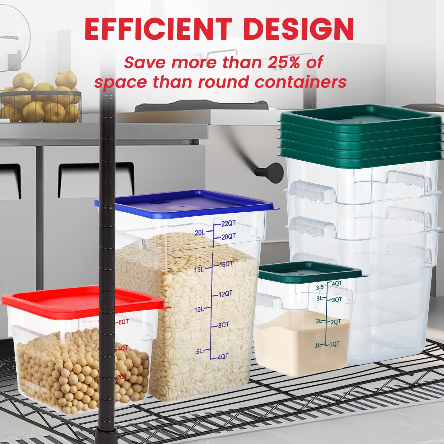 BIEAMA 4 Pack Food Storage Containers, 8 Quart with Lids, Square Commercial Containers with Scale, NSF, Polycarbonate, Clear