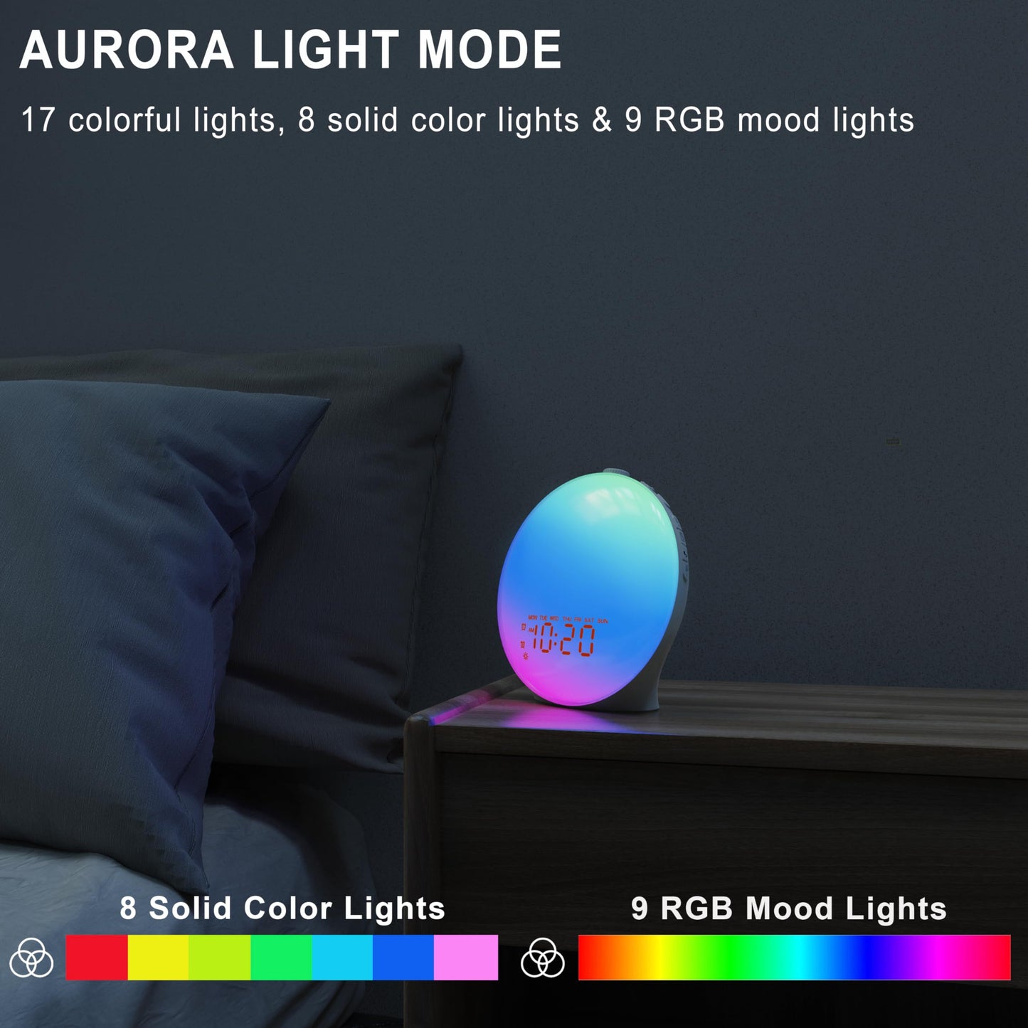 Wake Up Light Sunrise Alarm Clock for Bedroom, 17 Nihgtlights, Sound Machine with 5W Bluetooth Speaker, 25 Soothing Sounds, SleepTimer, Dual Alarms, FM Radio, Ideal Gift for Baby, Kids, Adults, Senior