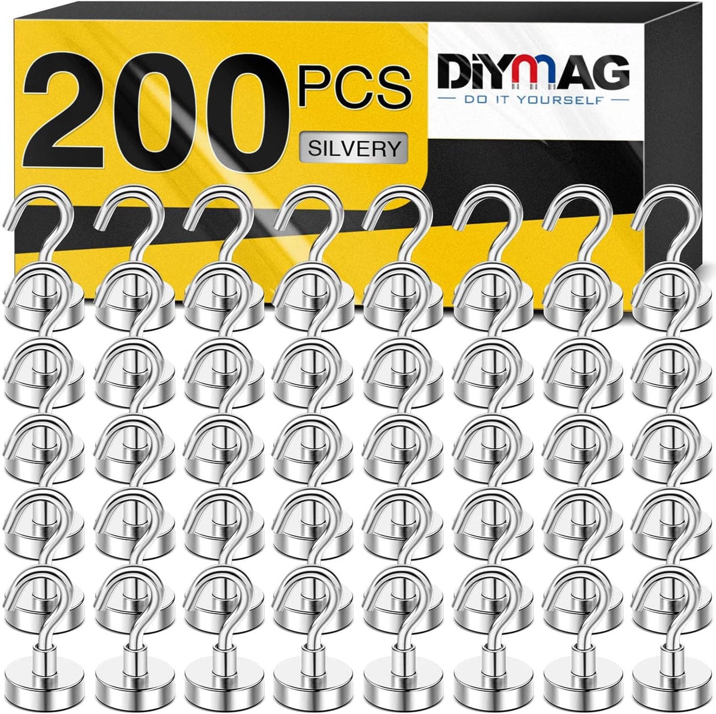 DIYMAG Magnetic Hooks, 30Lbs Strong Heavy Duty Cruise Magnet S-Hooks for Classroom, Fridge, Hanging, Cabins, Grill, Kitchen, Garage, Workplace and Office etc, (200 Pack-Silver),Screw in Hooks