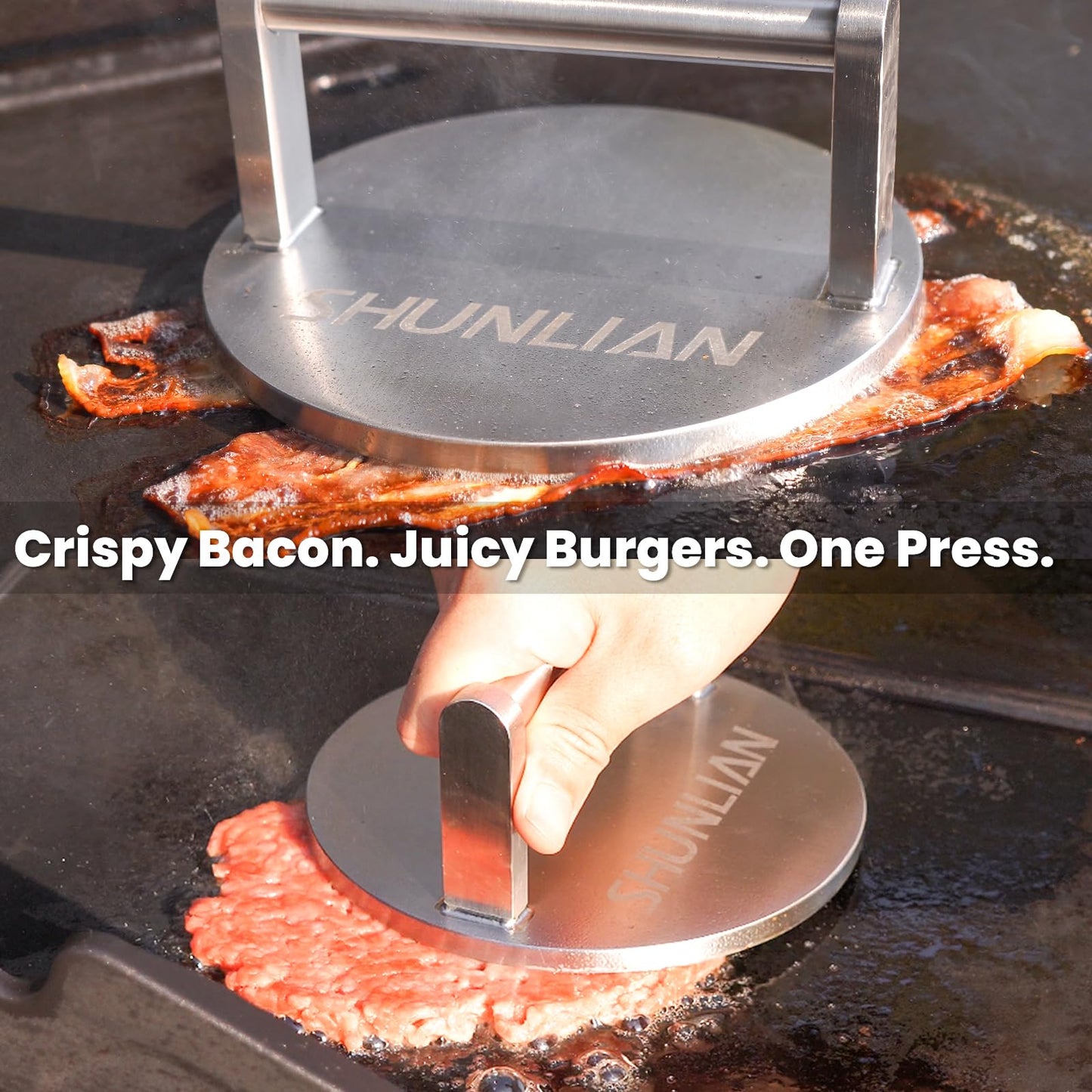 SHUNLIAN Smash Burger Press, 6 Inch Heavy Duty Burger Smasher Tool, 3.1lb Non-Stick Smooth Stainless Steel Grill Press for Flat Top Griddle, BBQ & Kitchen Use, Ground Beef, Meats, Bacon, Steak