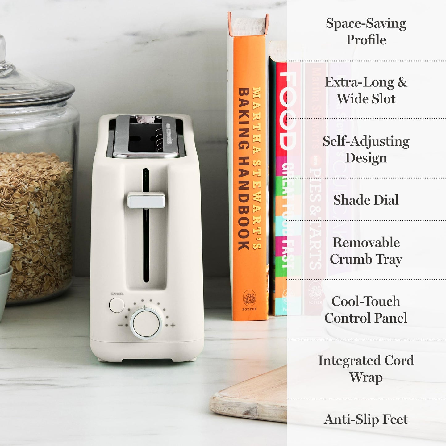 Martha Stewart 2 Slice Long Slot Toaster, Extra Wide for Sourdough & Bagels, 10 Setting Shade Control, Removable Crumb Tray, Self-Centering Design, Defrost/Reheat, Cancel, Slim Space-Saving, Linen