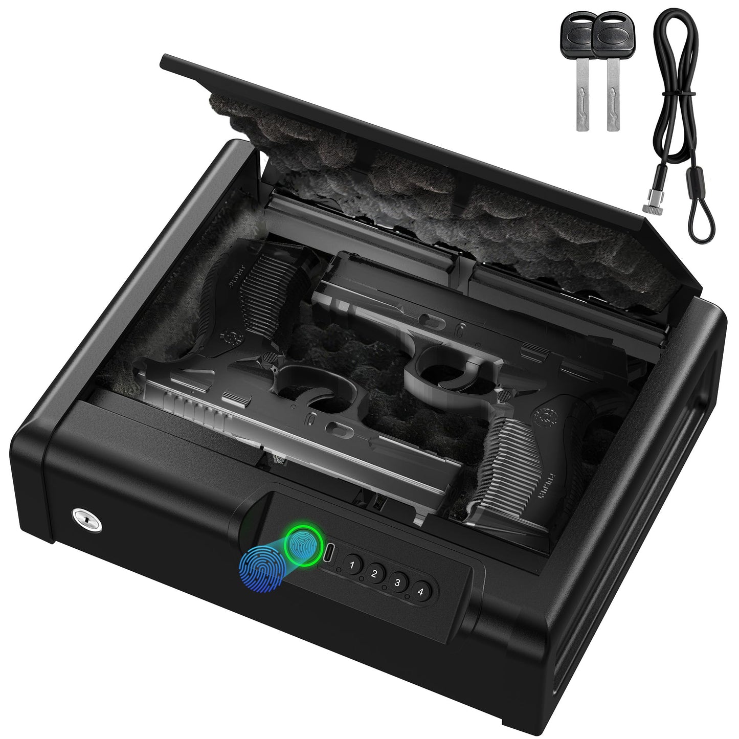 Locksworth Small Biometric Gun Safe for Handgun, 3 Ways Quick Access Fingerprint Safe with Keypad & Key, Compact Pistol Safe with LED Light for Nightstand Bedside Home Car Use, Steel Cable Included
