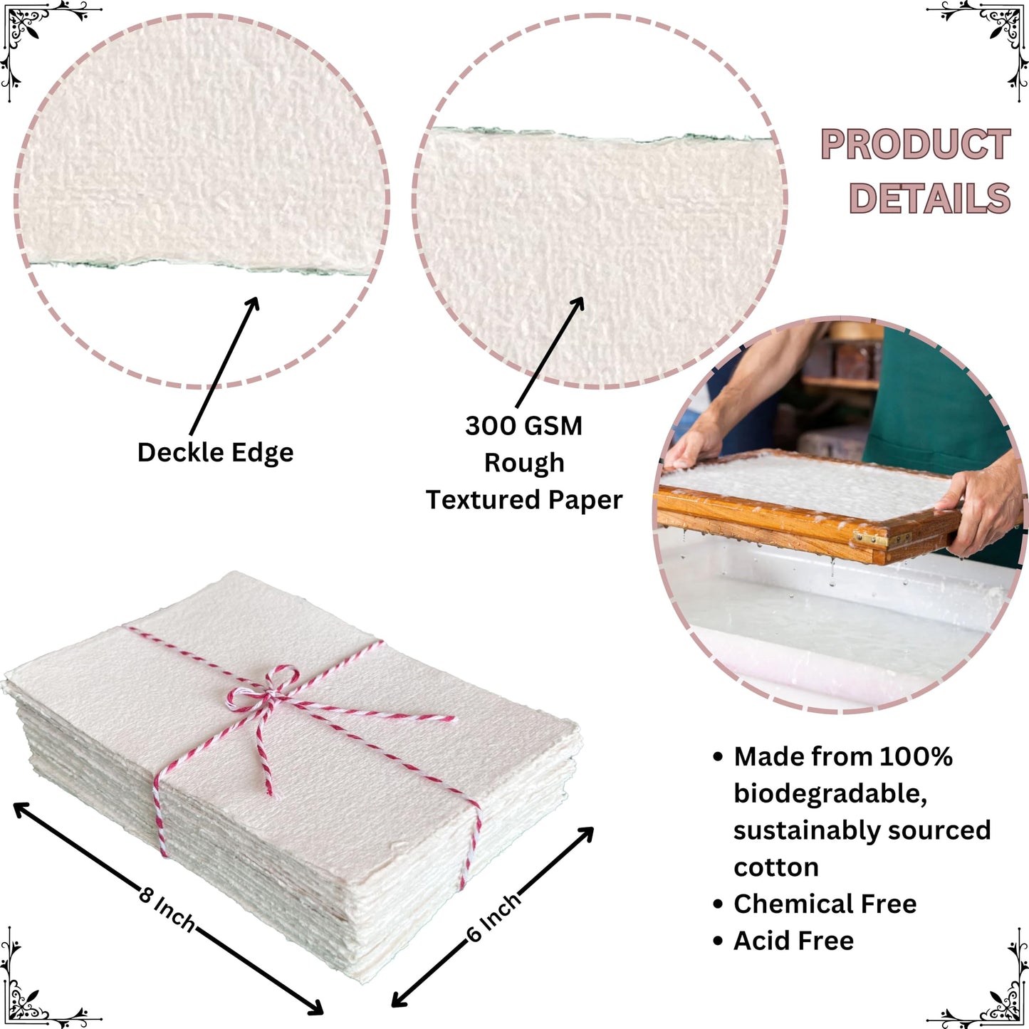 Bitskit 300 GSM Deckle Edge Cotton Paper - Soft, Textured Handmade Sheets for Invitations, Art Prints, Stationery, and DIY Crafting (Pack of 25) (6 x 8 inch)