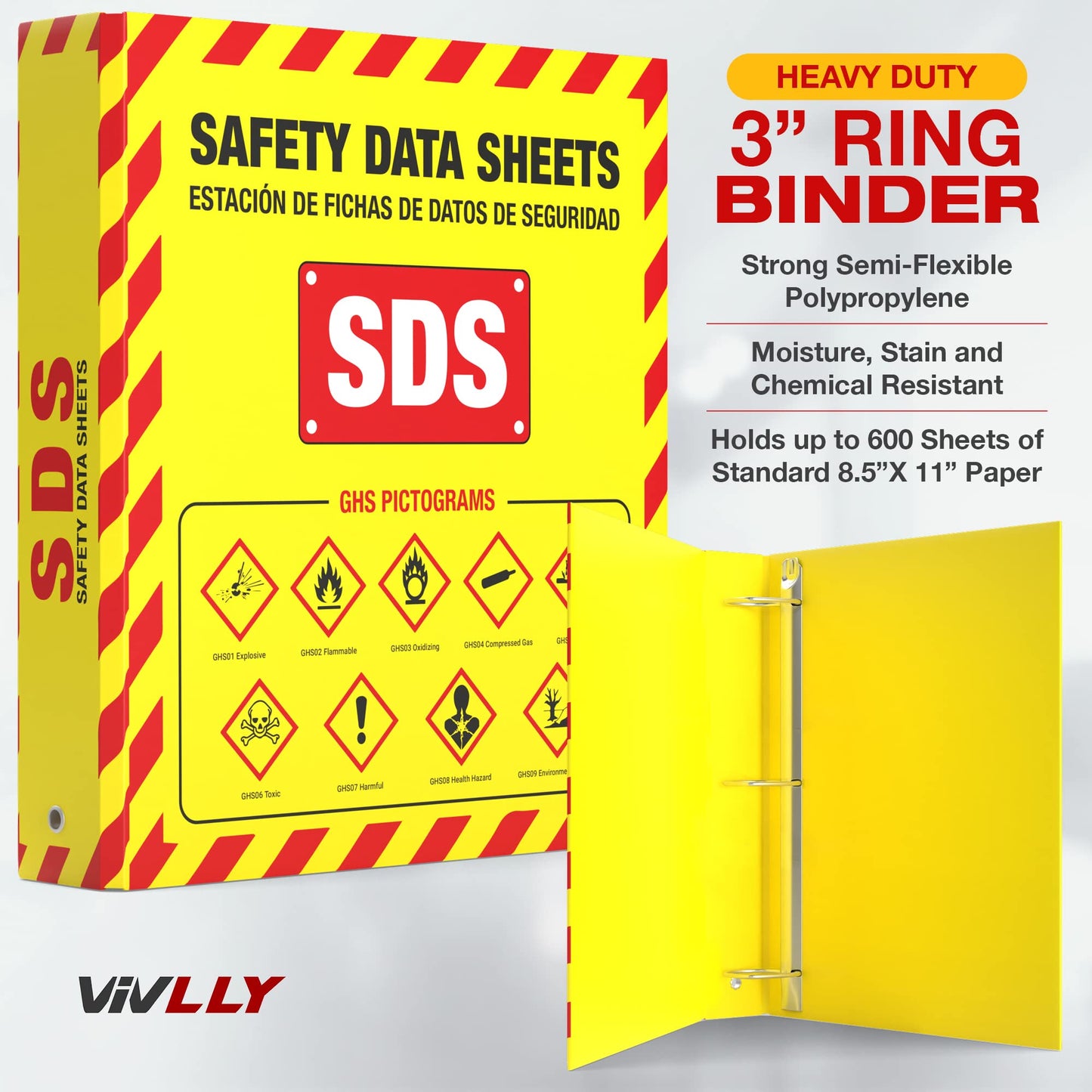 MSDS Wall Station - 3 Inch 3 Ring Material Safety Data Sheet Binder with SDS Wire Rack and Display Sign, Chain, Mounting Hardware, SDS Poster, MSDS Labels - Bilingual Heavy Duty OSHA Yellow Binder