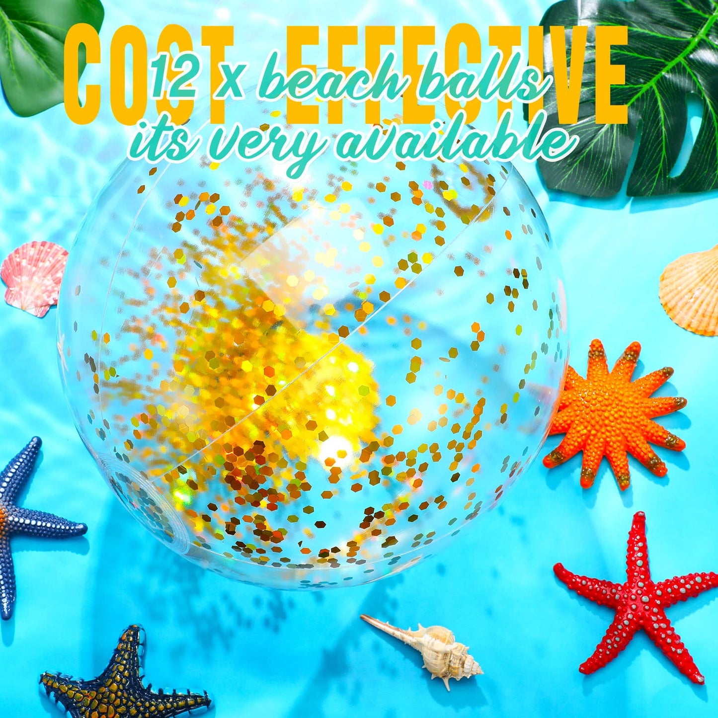 Lewtemi 12 Pcs 24 Inch 16 Inch Inflatable Glitter Beach Balls Clear Confetti Swimming Jumbo Pool Balls for Outdoor Pool Party Decorations Summer Favors(Gold)
