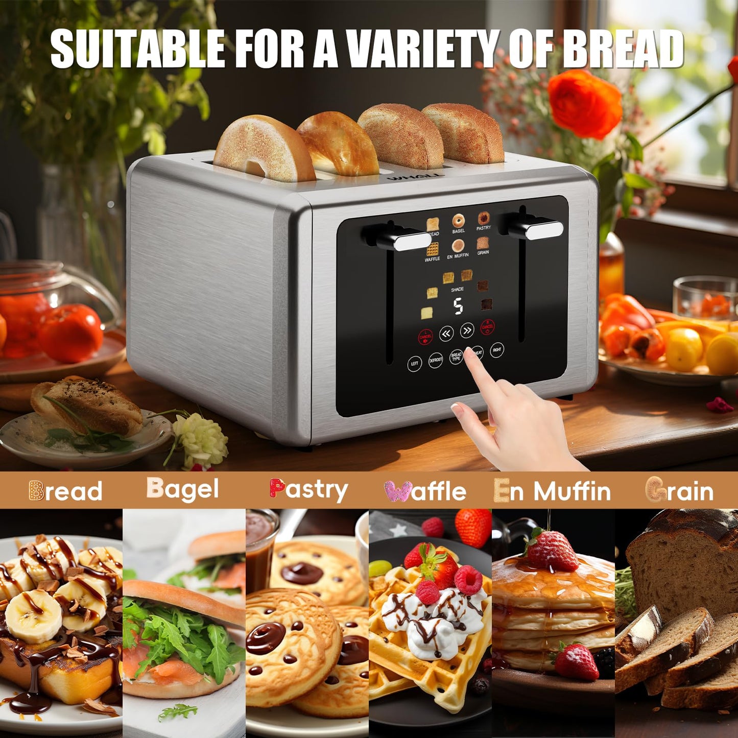 Whall 4-Slice Smart Toaster with Touchscreen & Extra-Wide Slots, Dual Independent Control, 6 Browning Levels & 6 Bread Types, Memory Function,Countdown Timer, Ideal Kitchen Gift,Platinum