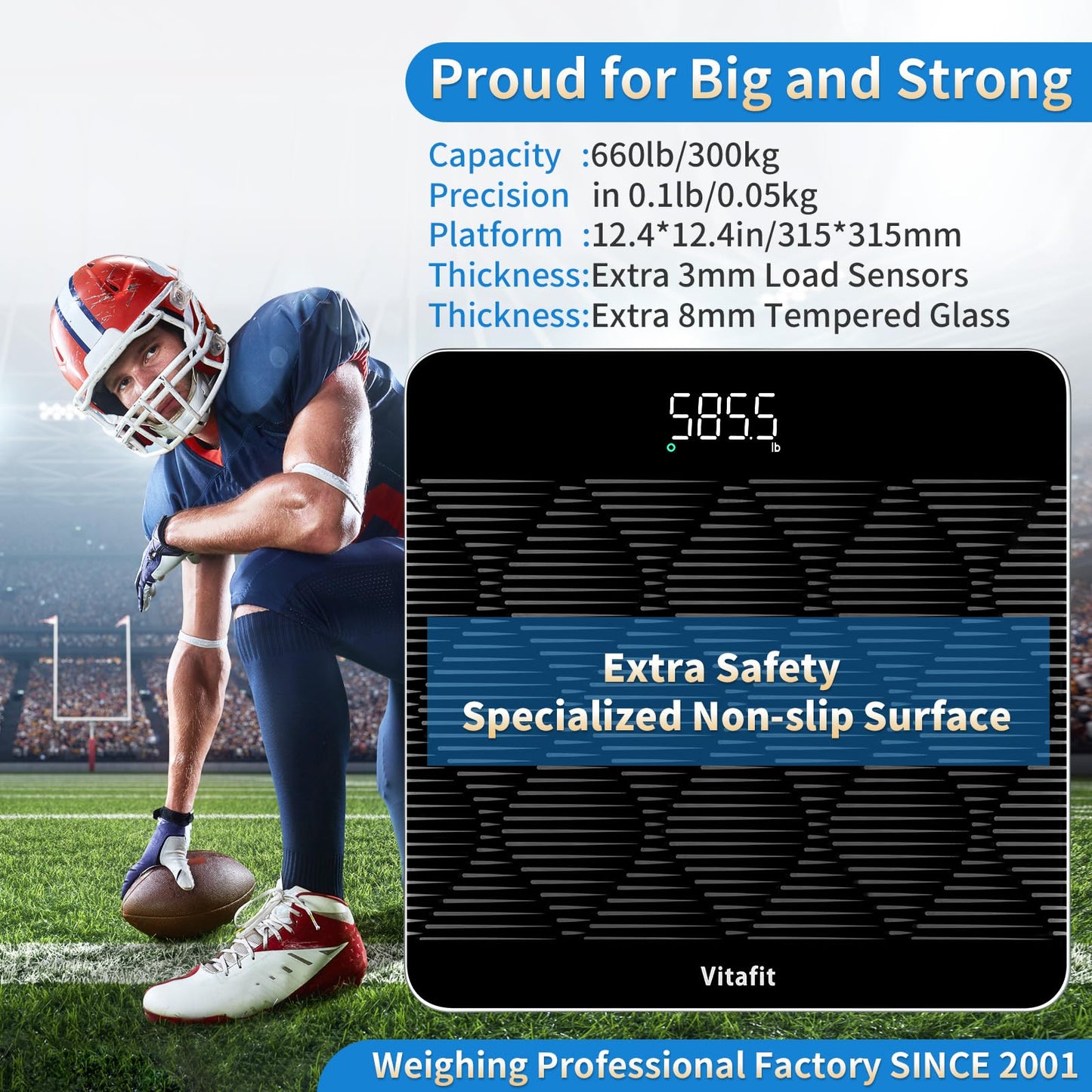 Vitafit FSA&HSA 660lb Weight Scale, Accuracy 0.1lb by Our Professional Scale Factory Since 2001,Smart Digital Scale for Body Weight BMI via APP, 8mm Non-Slip Tempered Glass 12.4" x 12.4",3xAAA, Black