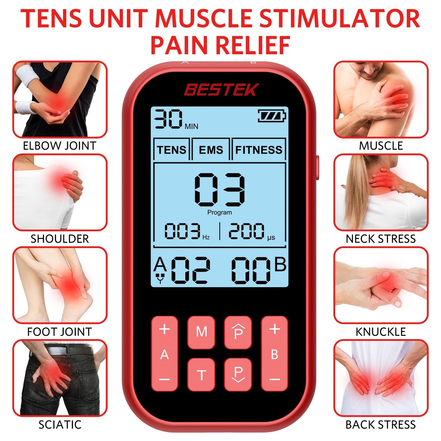 BESTEK TENS Unit Muscle Stimulator for Pain Relief – 3-in-1 EMS TENS Machine with 20 Pads, Dual Channel, Rechargeable Massager for Back, Sciatica, Neck, Shoulder, Leg Pain