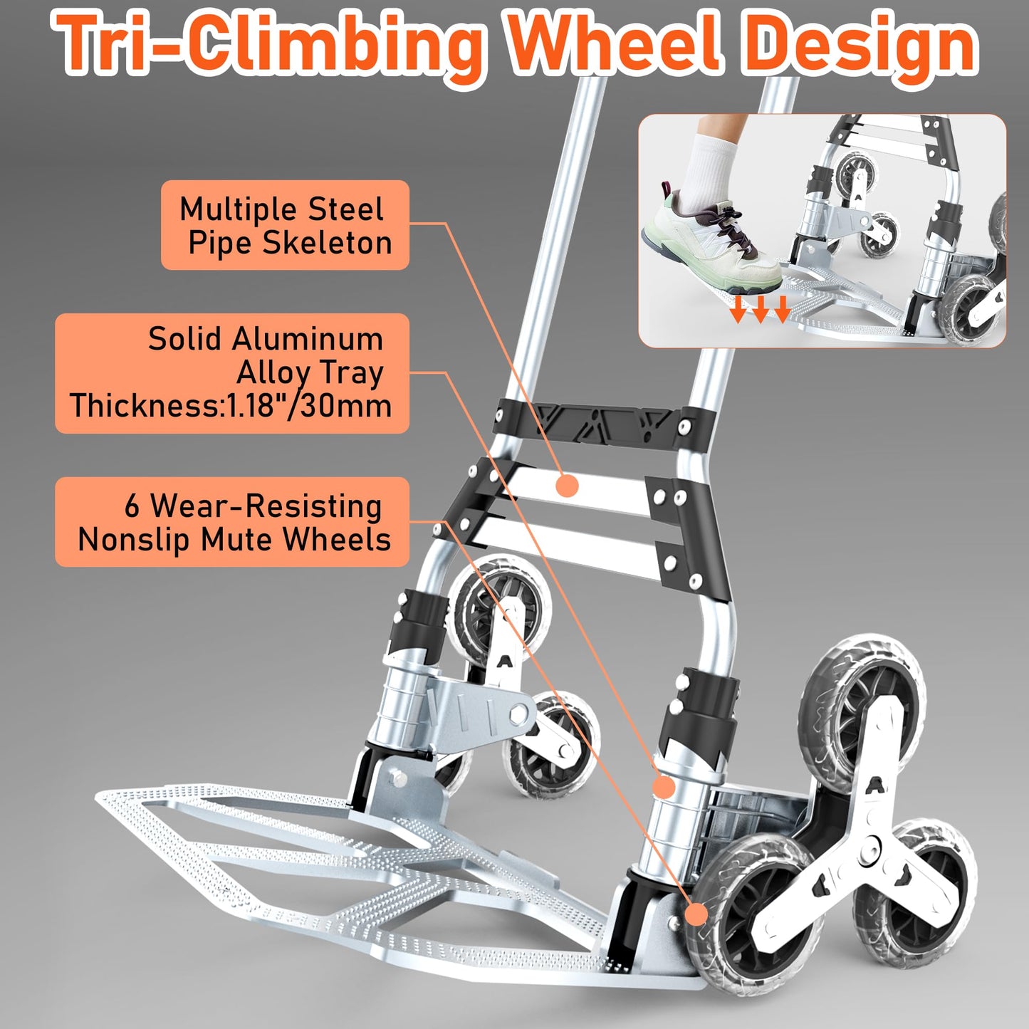 Stair Climbing Cart, 220 LBS Aluminum Stair Climber Dolly, Heavy Duty Folding Hand Truck Dolly with 6 Wheels, Telescoping Handle and Elastic Rope for Home, Moving, Groceries, Warehouse