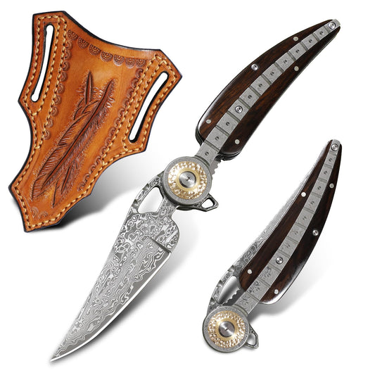 ALVELY Handmade Damascus Steel Folding Pocket Knife，Feather shape 3.4in Blade Men's Pocket Knife，With knife sheath，Ebony Handle，Home & Outdoor EDC knife