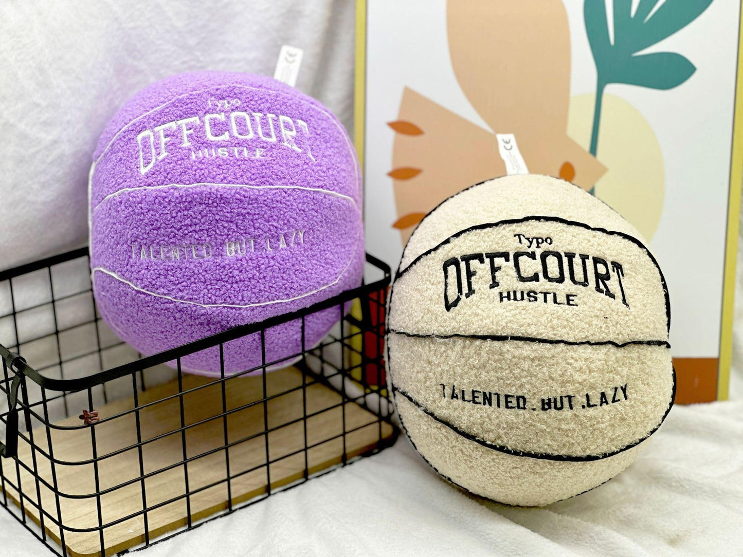 Tezimjia 2023 New Offcourt Basketball Pillow, 11" Basketball Shaped Teddy Fleece Embroidered Throw Pillow Fuzzy Plush Toy Gifts for Kids Boys Girls (Beige)