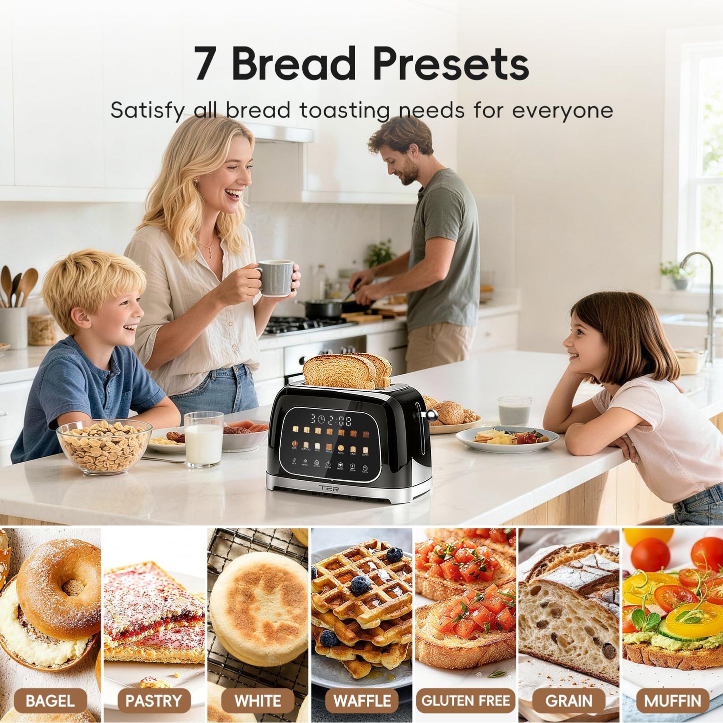 Toaster 2 Slice, Touch Screen Wide Slot Retro Toaster for Bagel & Thick Breads, Stainless Steel Smart Digital Toasters, 7 Bread Modes & 7 Browning Levels, Mute Mode, Memory, Defrost & Reheat, Black
