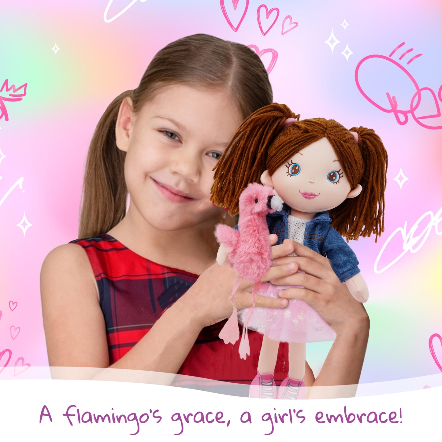 June Garden 15" Playmate Buddies - Plush Doll Mia with Her Stuffed Animal Companion Flamingo Rosie for Kids
