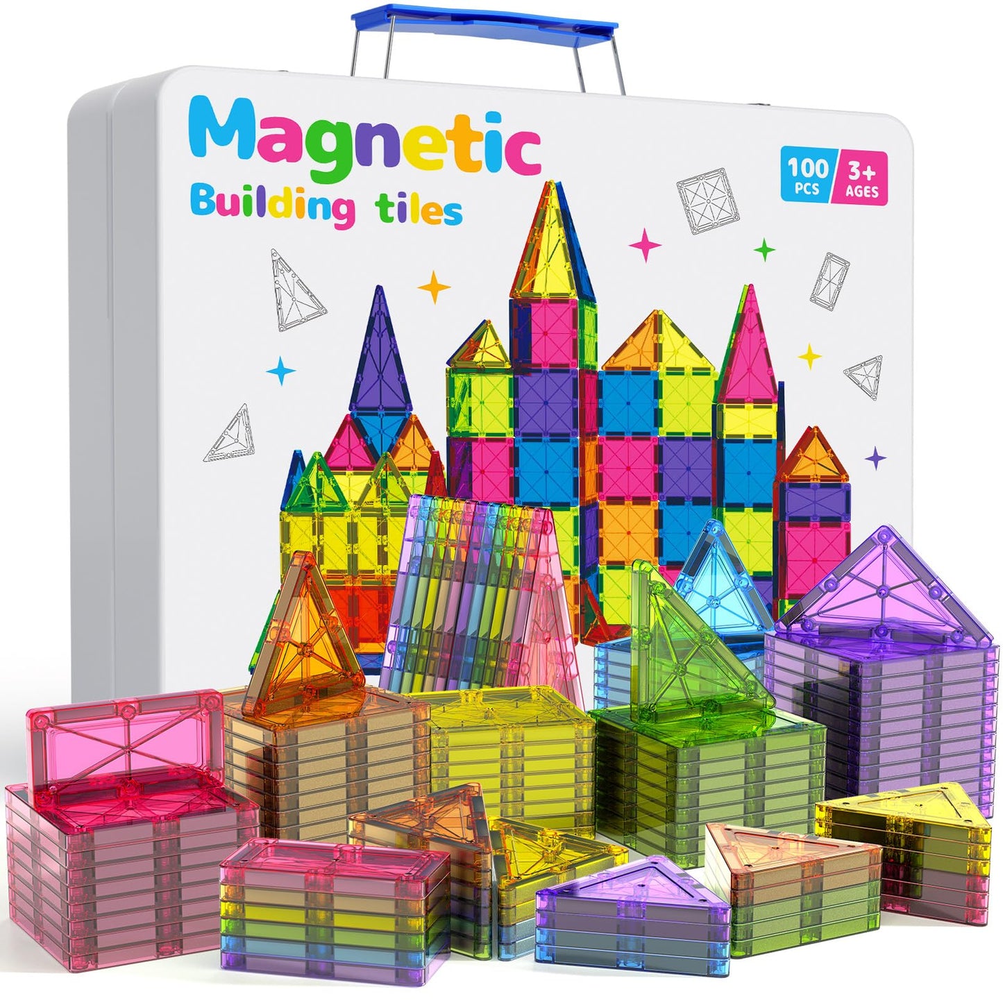 100-Piece Premium Magnetic Tiles Set with Luxury Metal Case, Jumbo Magnetic Building Blocks for Kids Ages 3-5 4-8, STEM Educational Toys, Montessori Sensory Toys, Ideal Gift for Toddler Boys & Girls
