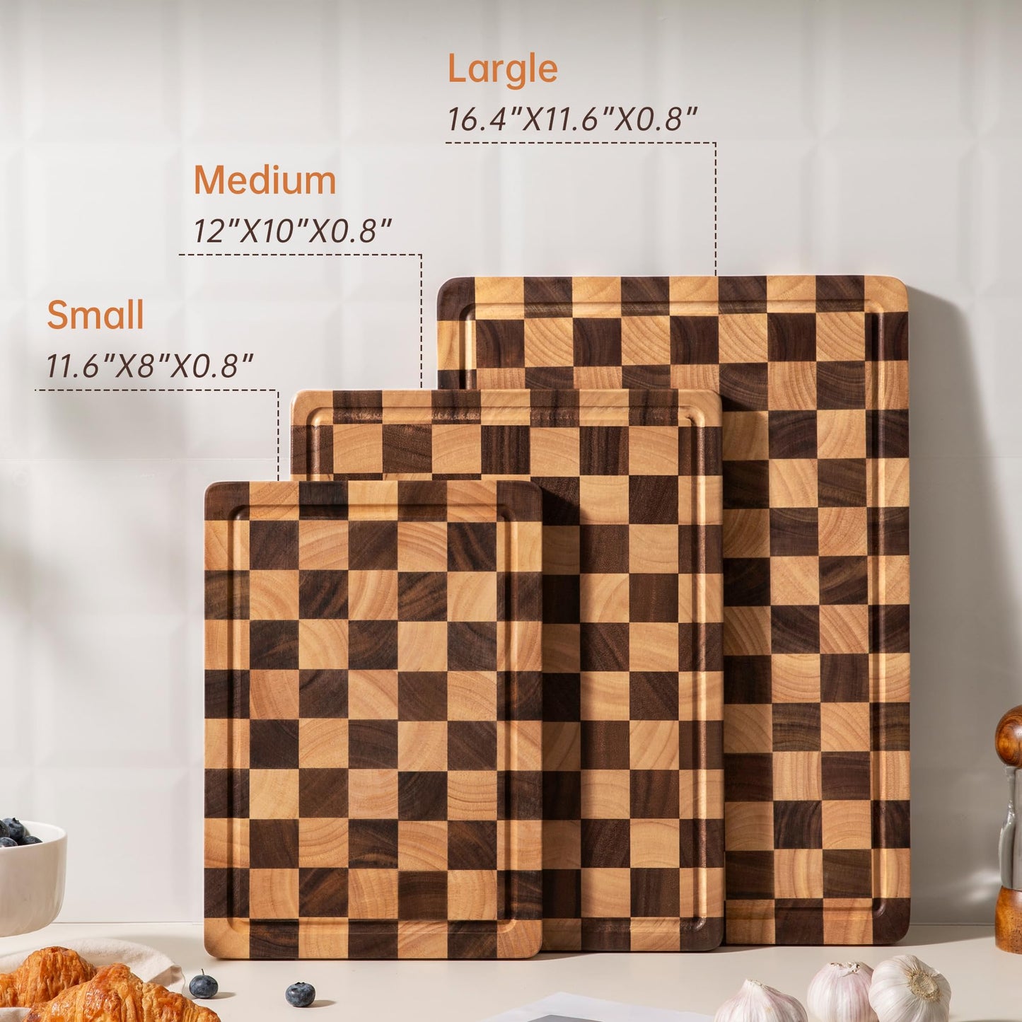 FYCTIO Cutting Board Set, Acacia Wood Checkered Cutting Boards for Kitchen, 3 pcs Chopping Board with Juice Grooves & Handles, Butcher Block Serving Tray for Meat, Vegetables and Fruits with Gift Box