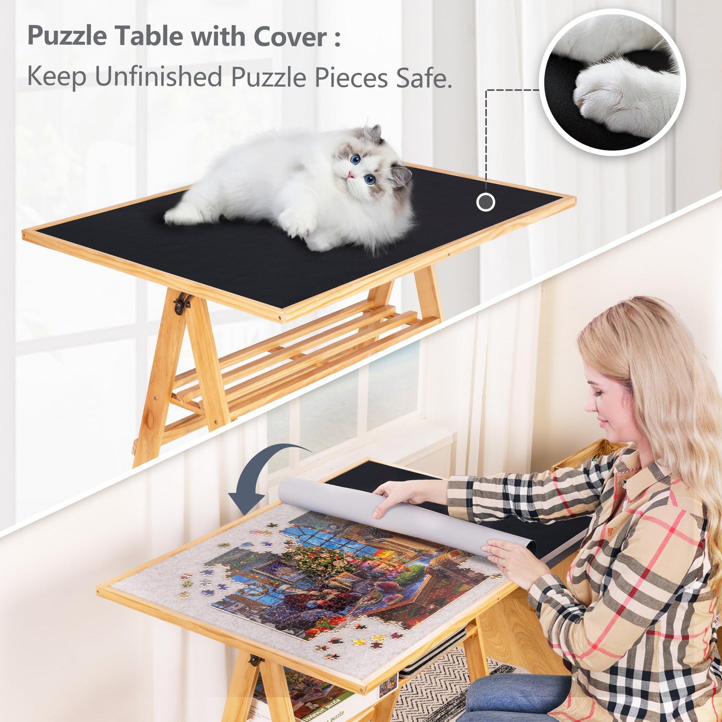 LAVIEVERT 1500 Piece Tilting Puzzle Table with Legs & Cover Mat, Adjustable Jigsaw Puzzle Board Easel with Storage, Portable Wooden Table with 4 Wheels for Adults, Great Assistant for Mom & Elderly