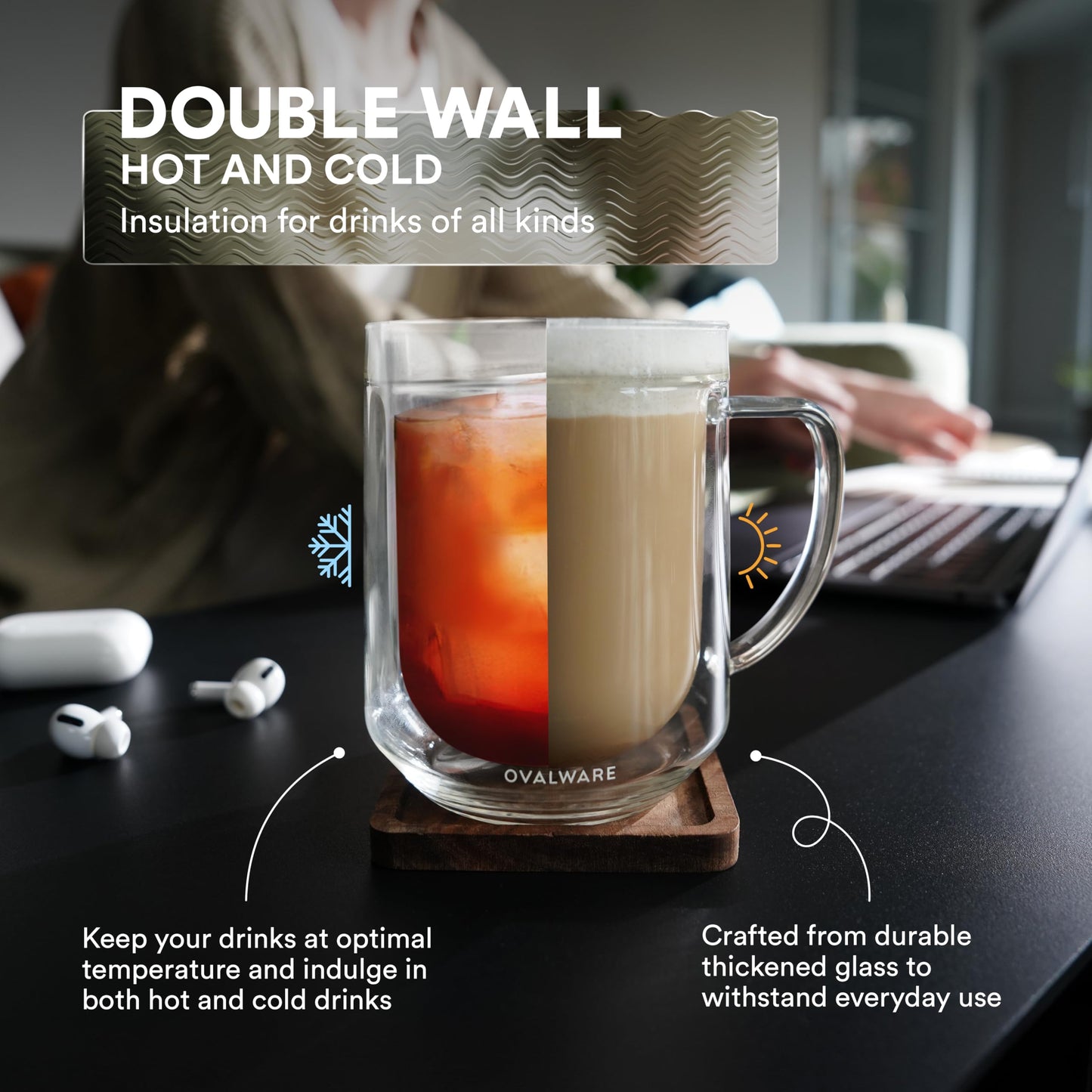 ovalware 500ml Double Wall Glass Coffee Mugs, Single Lip Mugs Made of Durable Borosilicate Glass, Insulated Coffee Mug with Handle for Hot and Cold Drinks - Clear