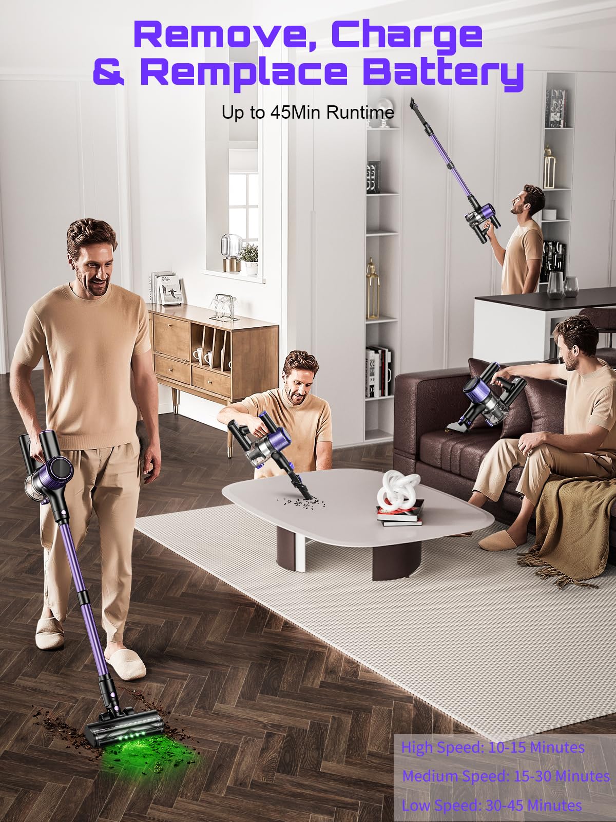 OIRFND Cordless Vacuum Cleaner, 10 in 1 Stick Vacuum with Powerful Suction, Hose, Green LED Light, Anti-Tangle Brush, Lightweight Rechargeable Vacuum Cleaner for Home, Hardwood Floors, Carpets