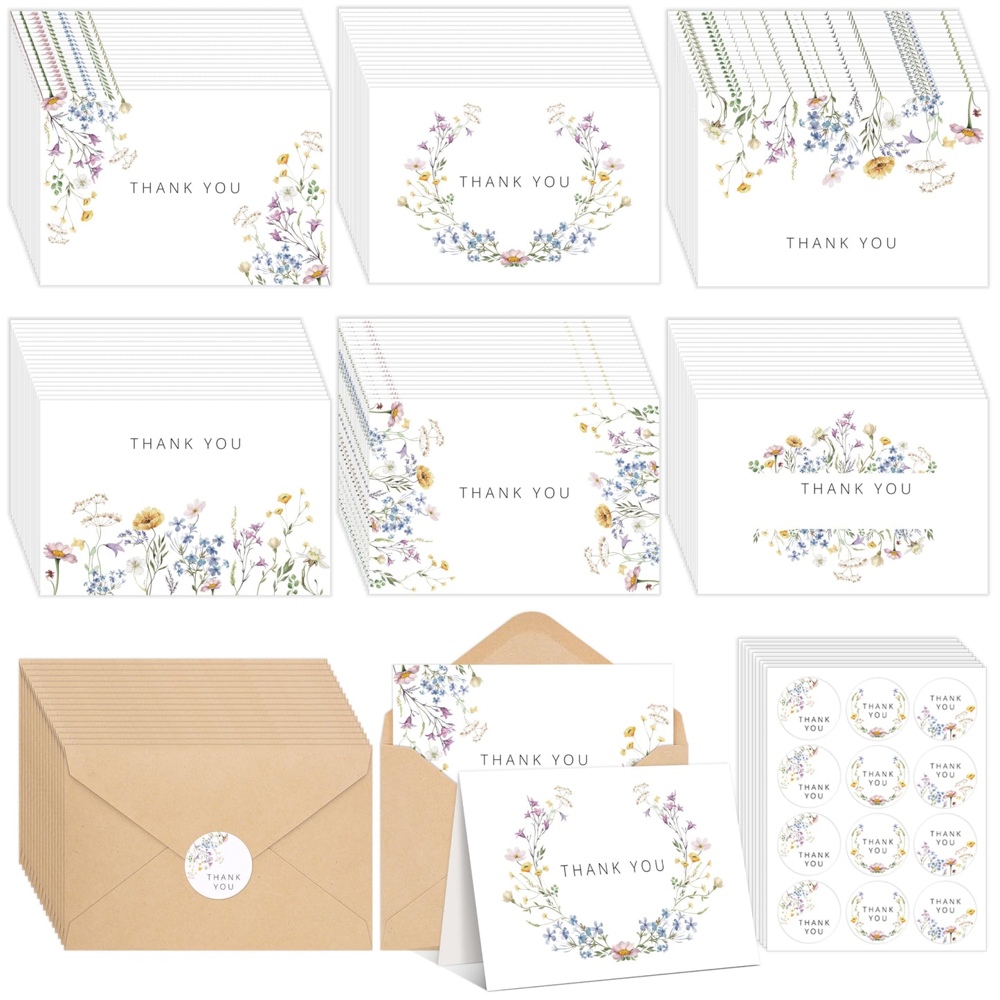 UZLU 600 PCS Floral Thank You Cards with Envelopes and Stickers, 4x6 Inch, 6 Wildflower Designs Thank You Notes, Greeting Cards with Envelopes for Wedding, Bridal Showers, Baby Showers
