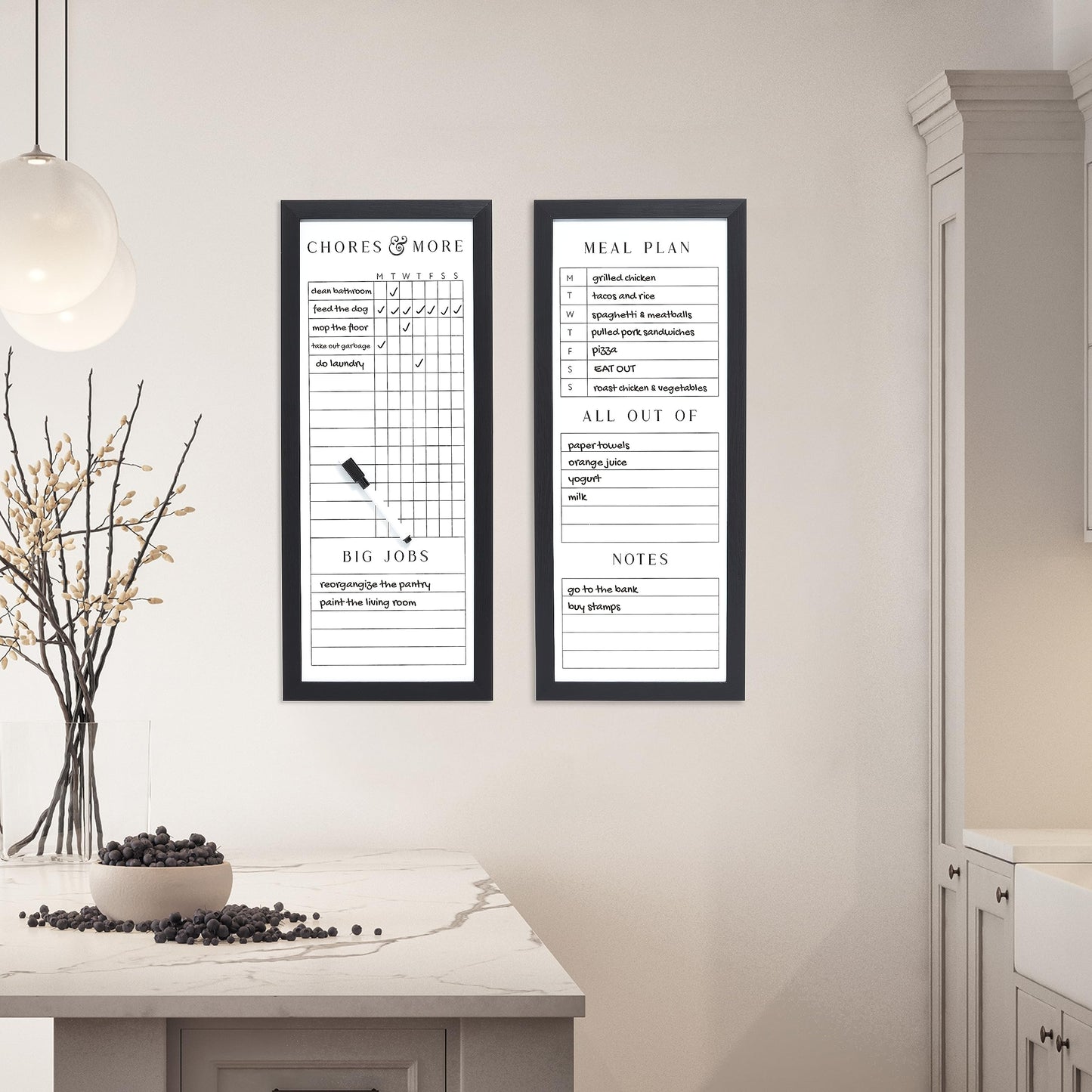 Sheffield Home Set of Two Family Planner Dry Erase Boards Featuring, Chore Chart, Shopping List, Weekly Meal Planner and Notes, 9x21 Inch, Black