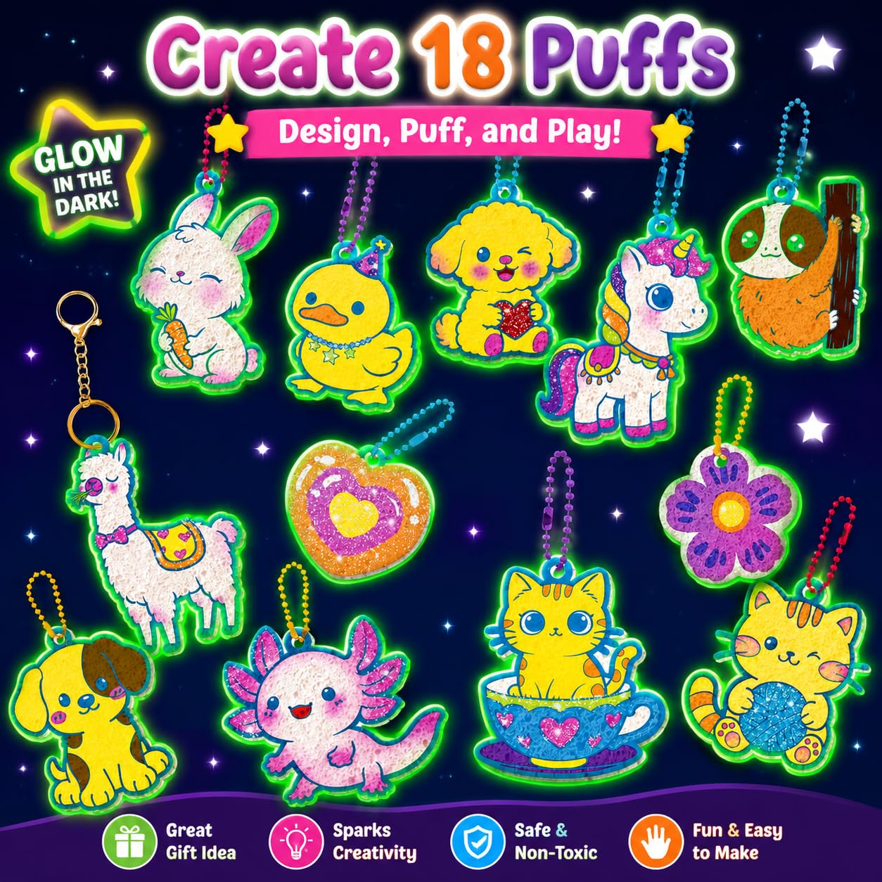 AGENTLAN Grow Your Own Puffy Pets 50+Piece DIY Art Kit for Kids Ages 4-8, Screen-Free Craft with Glow-in-the-Dark & Glitter Effects