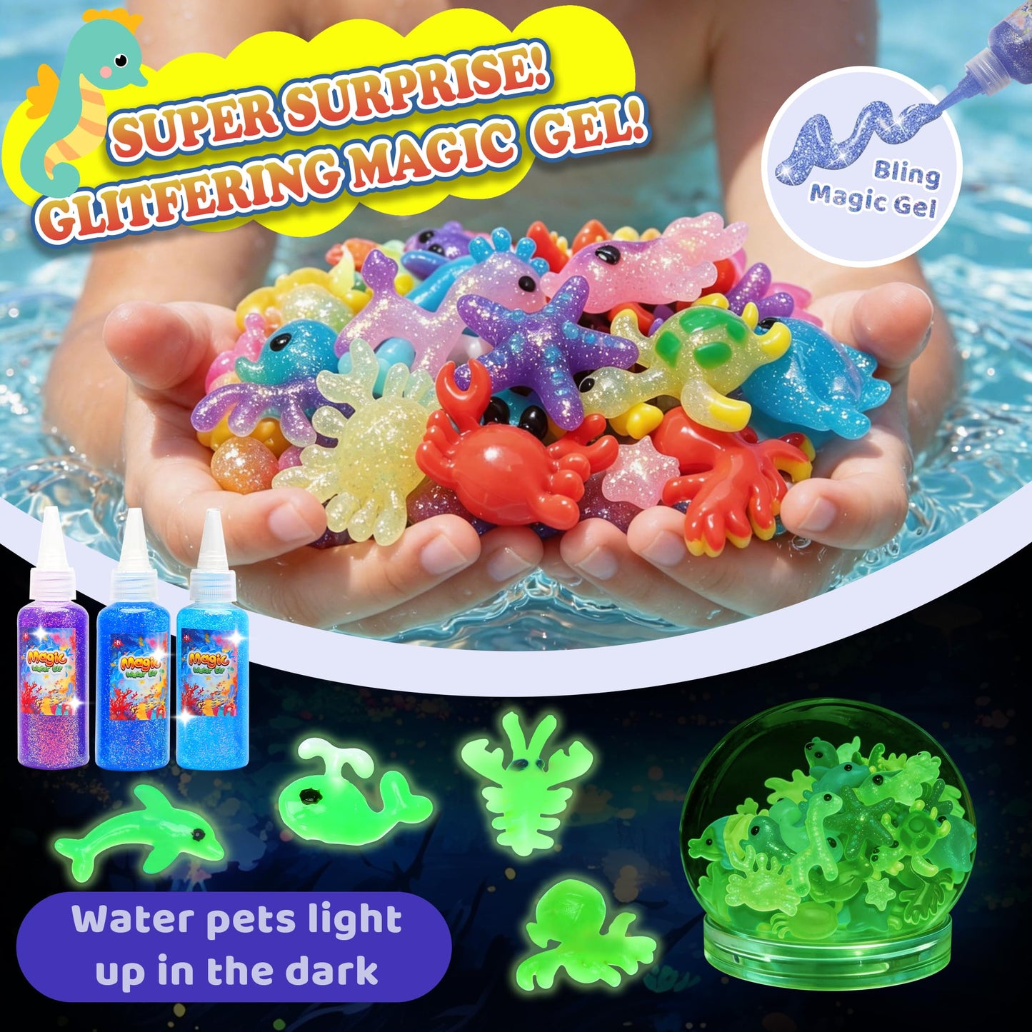 HunDun 21 Colors Magic Water Gel Kit for Kids, Water Gel Kit Pets,21 Gels & 14 Molds,DIY Squishy Toys Maker Set.Night Glow & Glitter, Birthday Gifts for Kids Toys 3+