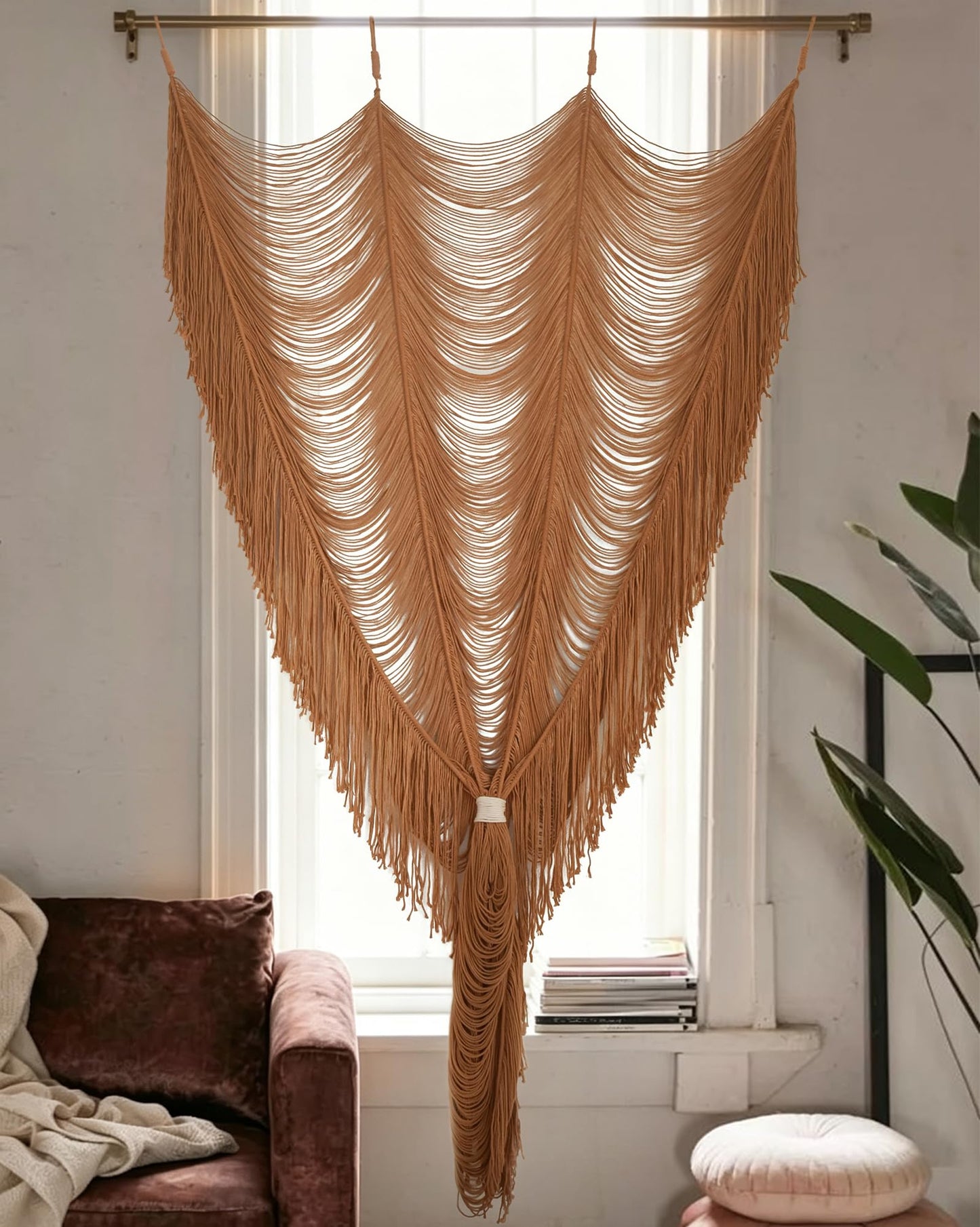 Macrame Curtain Boho Curtain Doorway Window Wall Decor Fiber Yarn Art Handwoven Wall Hanging Art Craftsmanship Home Door Bedroom Wedding Backdrop Arch,Closet Room Divider 59" W x 75" H (1 Panel,Khaki)