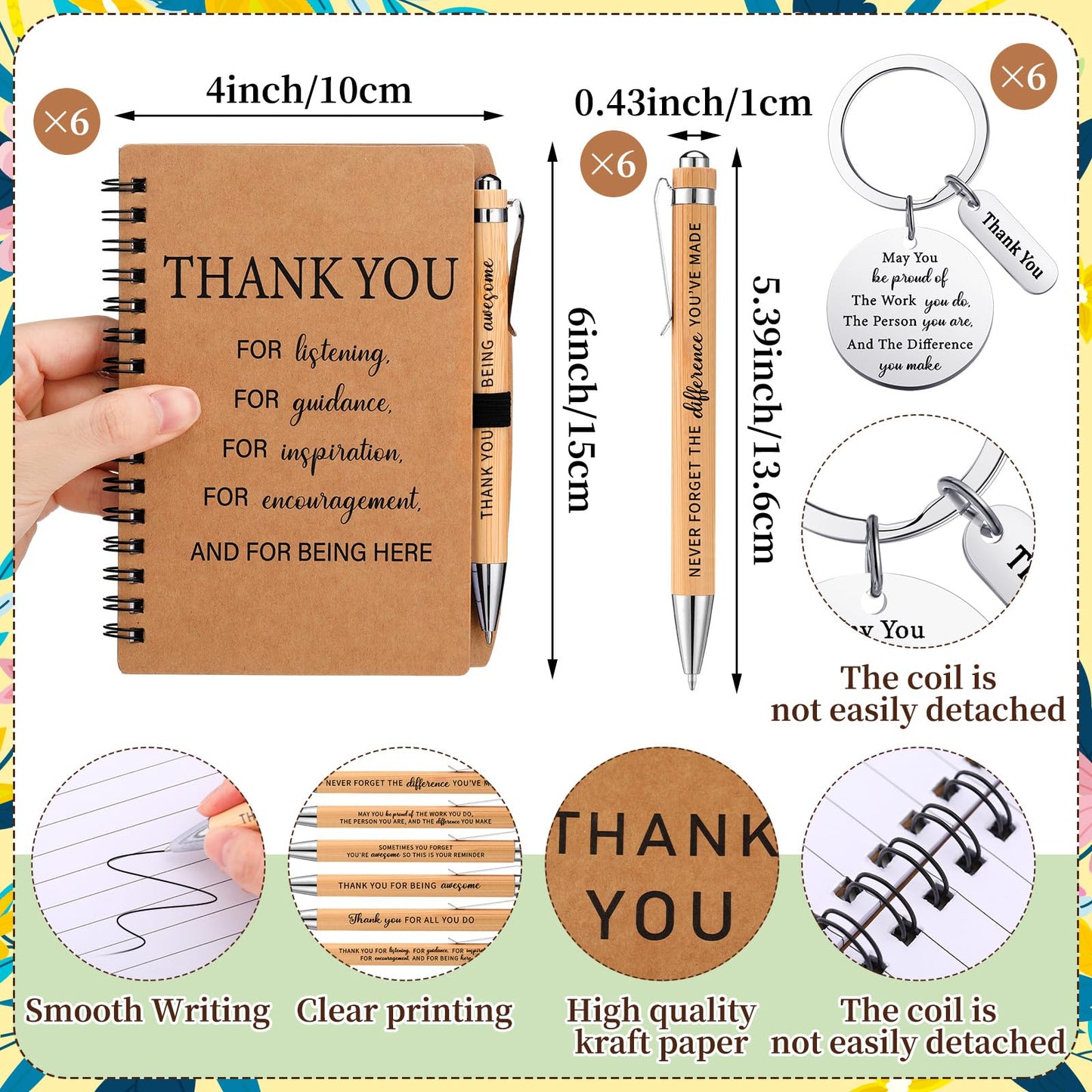 Wavwavw 6 Set Employee Appreciation Gifts Bulk, Gifts for Coworkers, Doll Crochet with Card Inspirational Journals with Retractable Bamboo Pens Thank You Keychains for Staff
