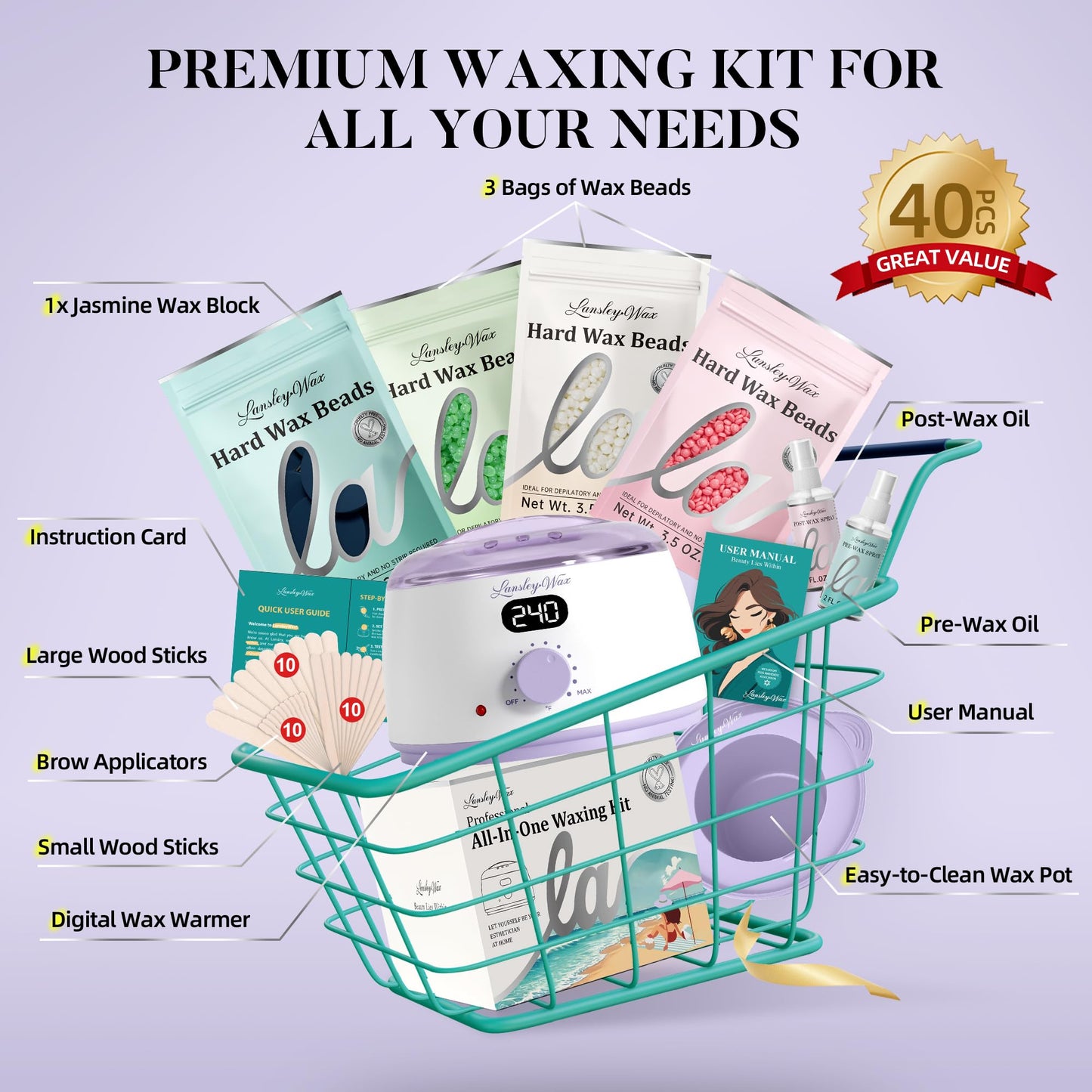 LANSLEYWAX Digital Waxing Kit for Women Men-Purple Waxing Machine with 39 Accessories-Hard Wax Kit for Arms Legs Brazilian Bikini Facial Sensitive Skin, Wax Warmer Hair Removal for Home/Salon Use