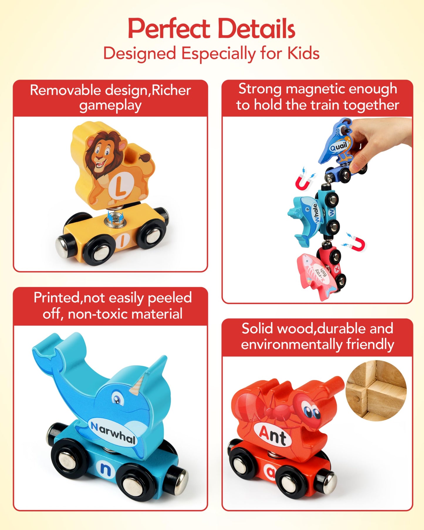 Helsort Wooden Alphabet Train Set for Toddlers – Magnetic ABC Train with Snap-Connection, Animal-Themed Educational Preschool Toy for Kids Ages 3-5, Montessori STEM Learning Gift for Boys and Girls