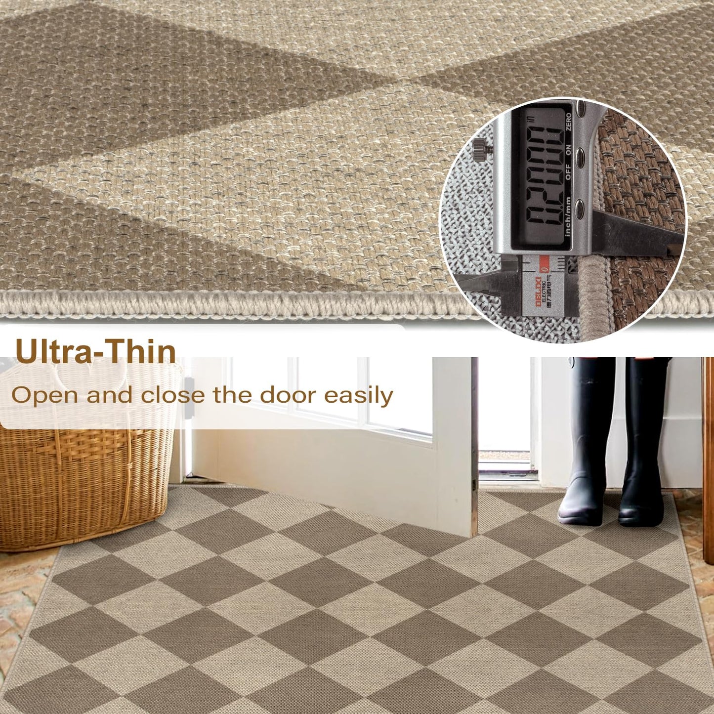 Rugalia Easy Jute Checkered Runner Rug, 2.6x8 Brown Modern Washable Rugs Runner for Hallway Non-Slip Kitchen Runner Rug, Geometric Diamond Indoor Outdoor Carpet for Porch Laundry Entryway