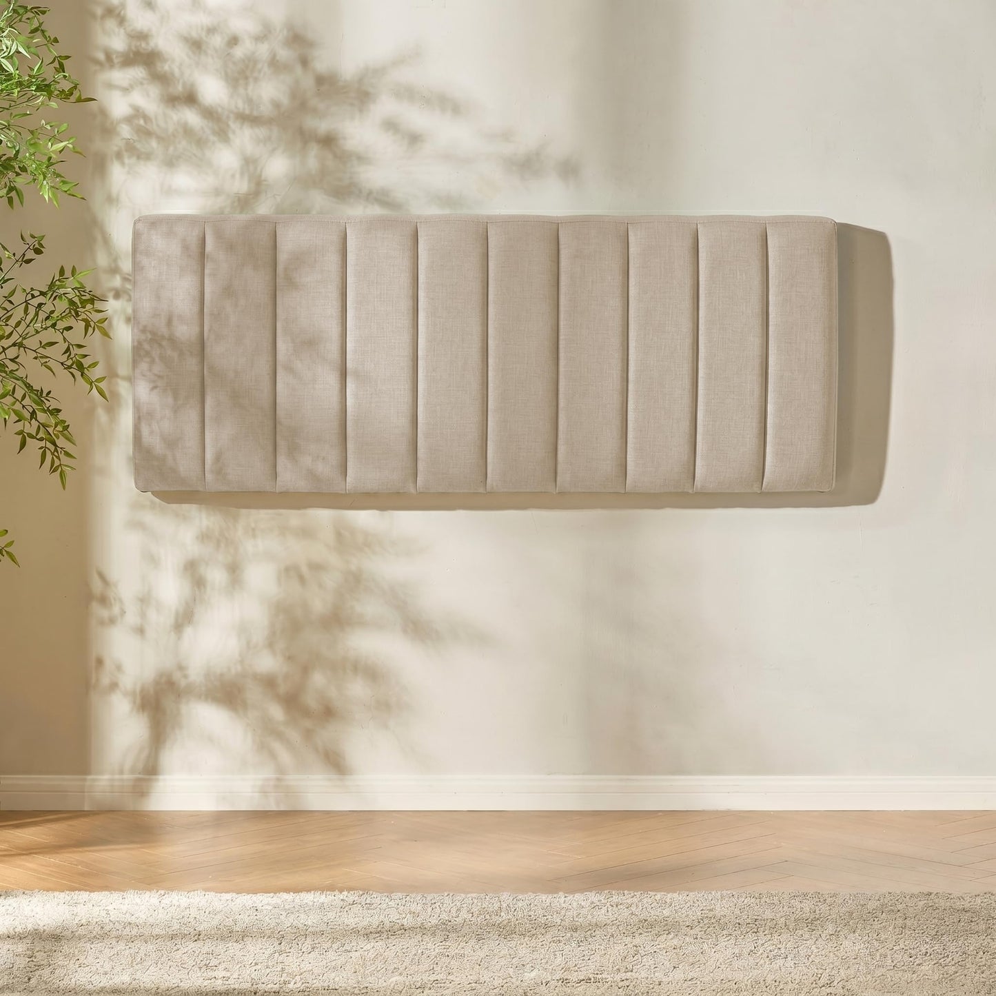 Hearth & Harbor Upholstered Full Headboard - Easy Assemble Channel Stitched Headboard Full Size - Wall Mounted Headboards with 3D Soundproof Wall Panels Peel & Stick Floating Headboards, Beige