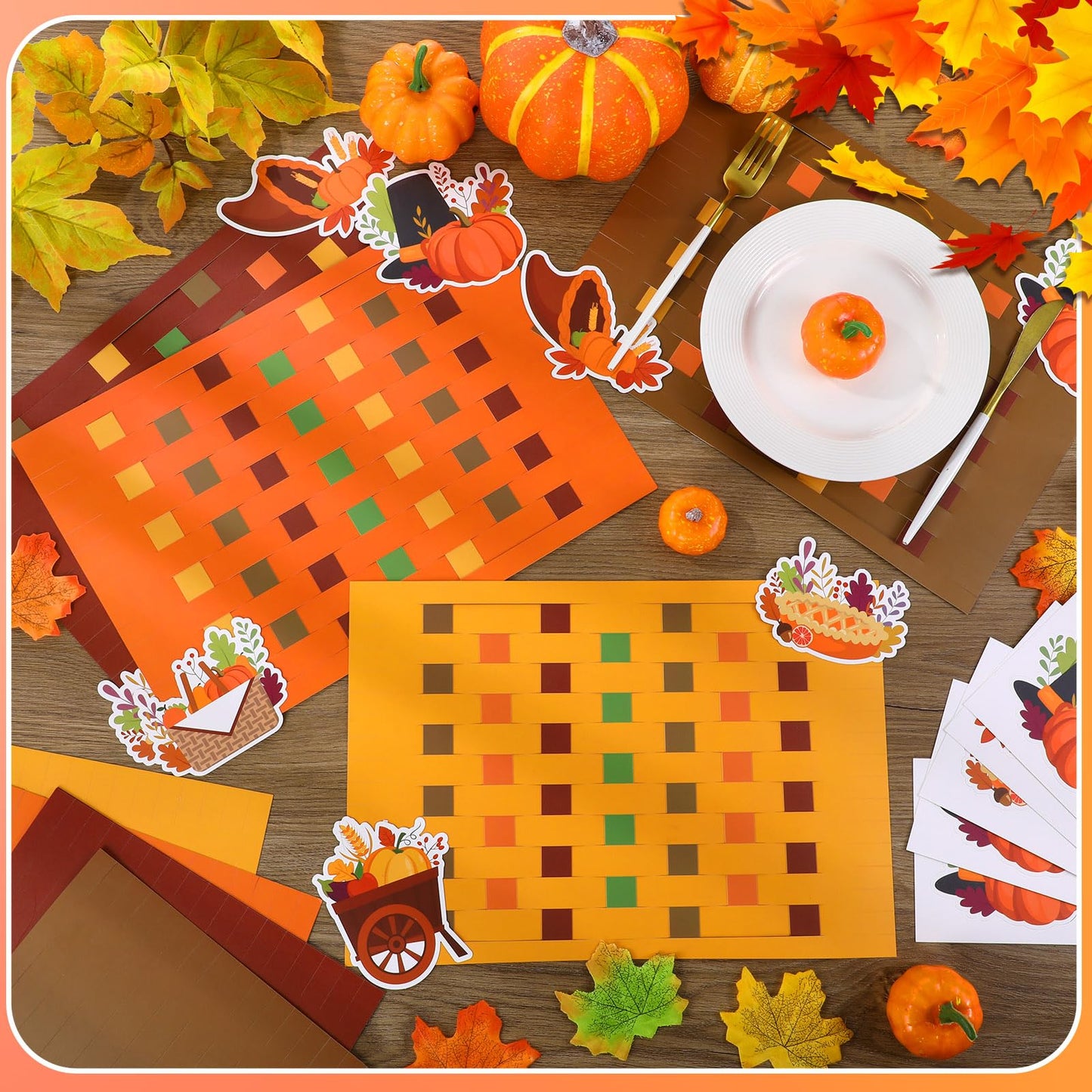 Ctosree 24 Sets Thanksgiving Placemat Craft Kit DIY Thanksgiving Pumpkin Placemat Crafts Autumn Ornamen Paper Table Mats Activity for Autumn Thankful Home Holiday Party Supplies (Classic)