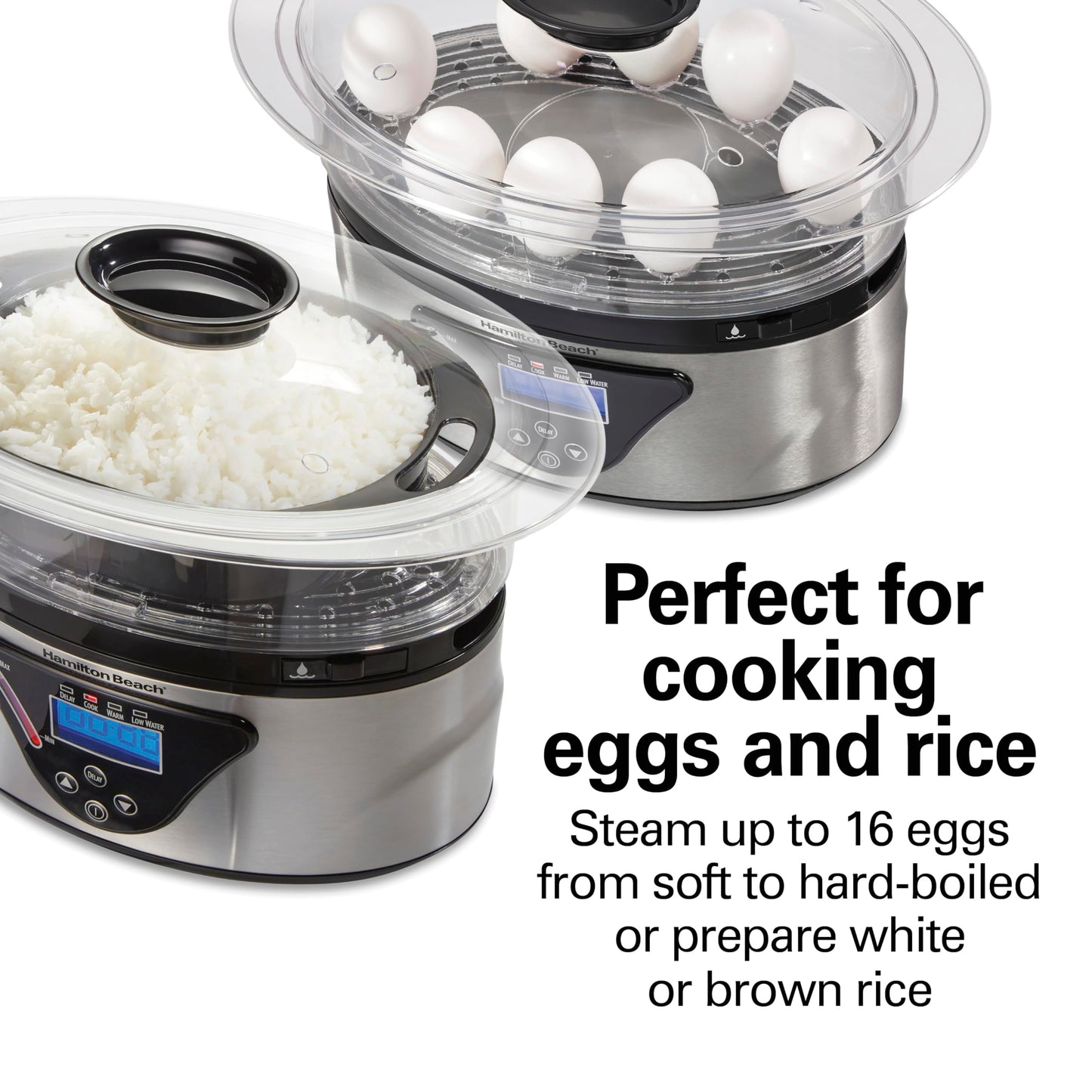 Hamilton Beach Digital Electric Food Steamer & Rice Cooker for Quick, Healthy Cooking for Vegetables and Seafood, Stackable Two-Tier Bowls, 5.5 Quart, Black & Stainless Steel