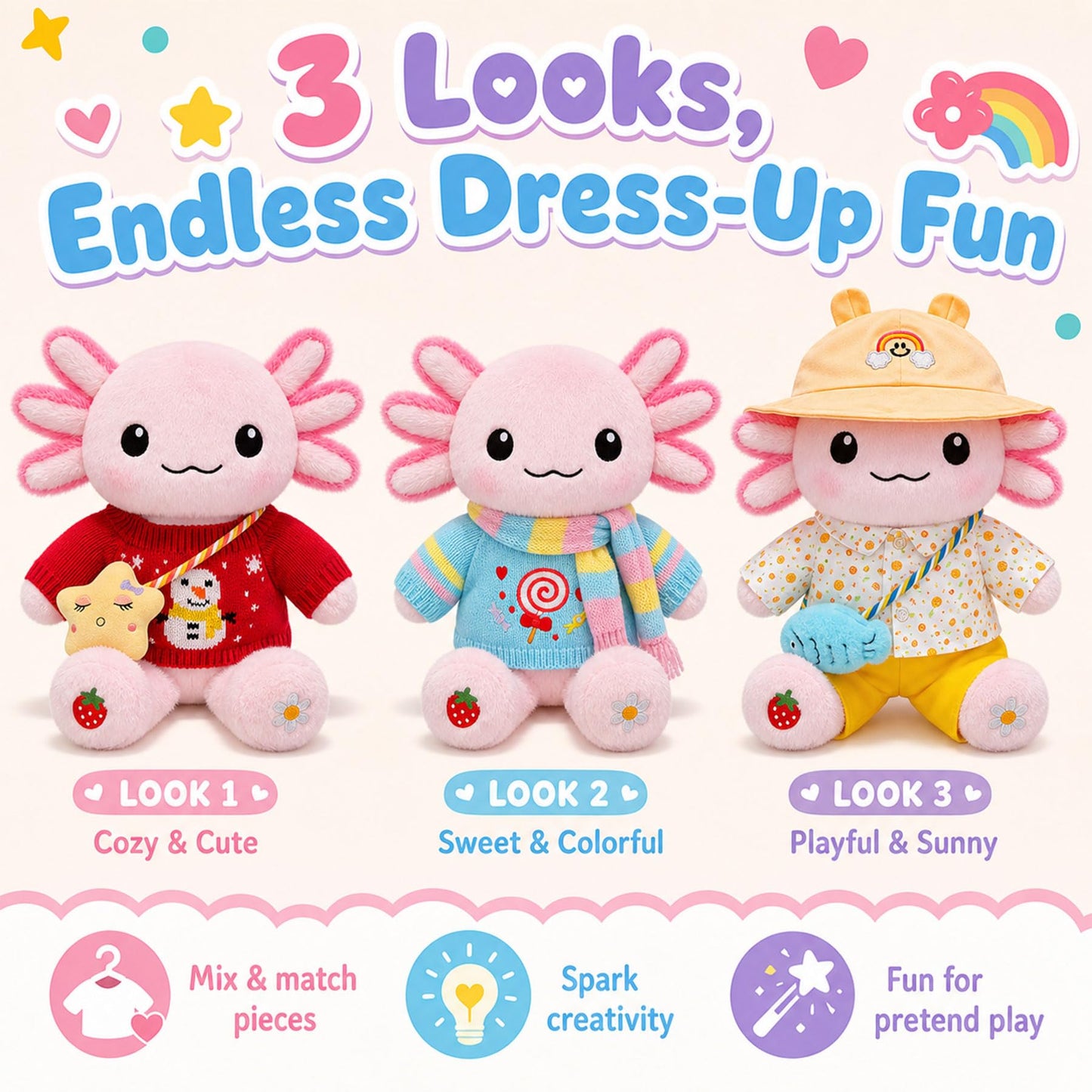 KUMANEKO Cute Axolotl Plush Gift Set with 12 Pcs Axolotl Stuffed Animal Clothes & Accessories, 13-Inch Axolotl Toy, 5/6/7/8/9/10-12 Year Old Girl Birthday Gift