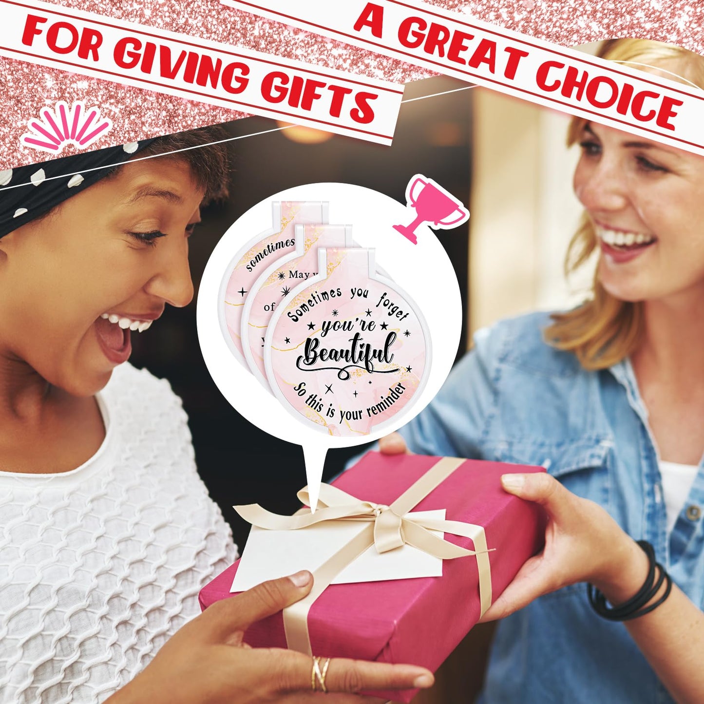 Wenqik 100 Pcs Compact Mirror Bulk Pink Gifts for Women Valentine Small Inspirational Pocket Purse Handheld Mirror Portable Round Makeup Folding Appreciation Gift for Christmas Daily Travel Coworker