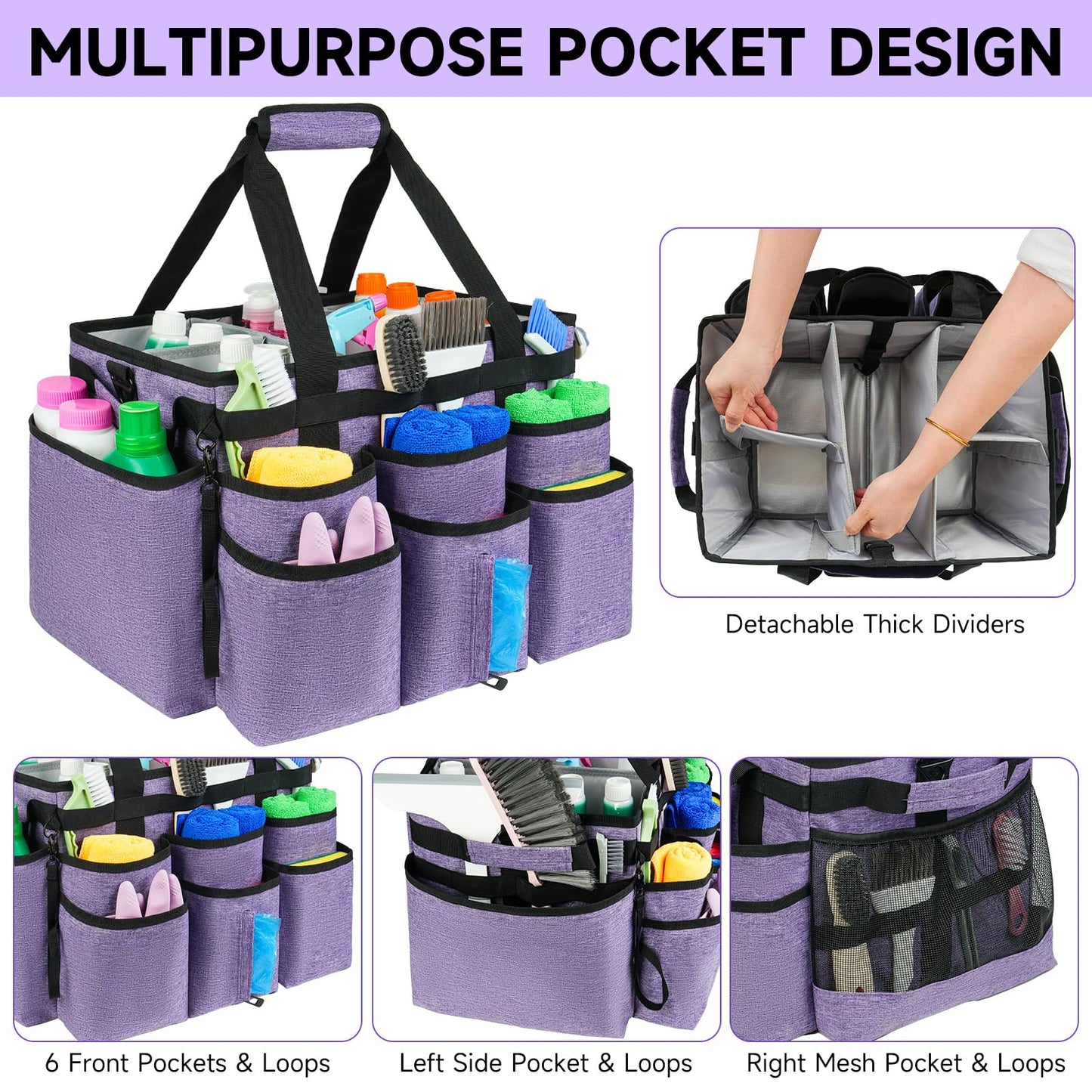 ZIOZERTT Large Rolling Cleaning Caddy Bag with Detachable Trolley,Cleaning Cart on Wheels with Shoulder Strap,Cleaning Supplies Organizer for Housekeepers,Purple