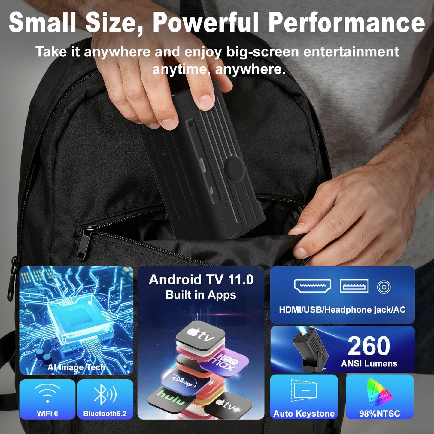 [Smart Projector with Apps] 4K Supported Mini Projector with Wifi and Bluetooth, XENPONAD Movie Projector for Bedroom Celling Camping & Outdoor Use, Portable Projector with Speaker, Auto Keystone