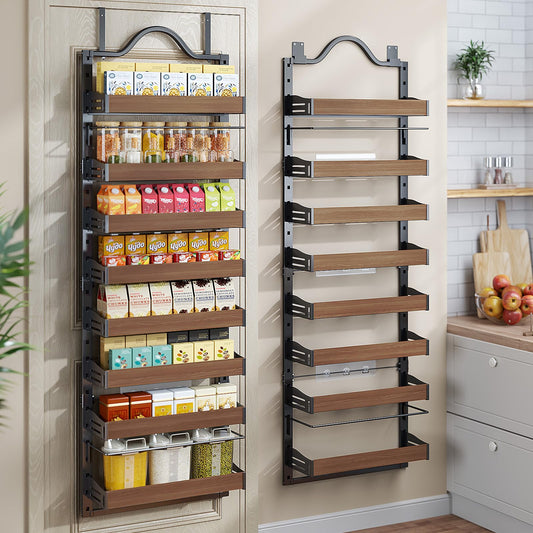 8-Tier Pantry Door Organizer, Over the Door Pantry Organizer with Wooden Adjustable Baskets, 2 IN 1 Spice Rack Wall Mount or Door Organizer, Door Spice Rack for Pantry（72.6×17.1×5.1in,Black)