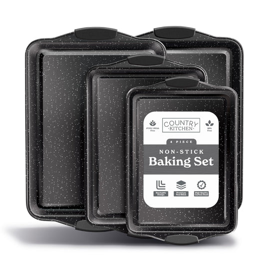 Country Kitchen Nonstick Stackable Bakeware Set - Heavy Duty, Durable, Easy Release Baking Set, Black, 4 Pcs