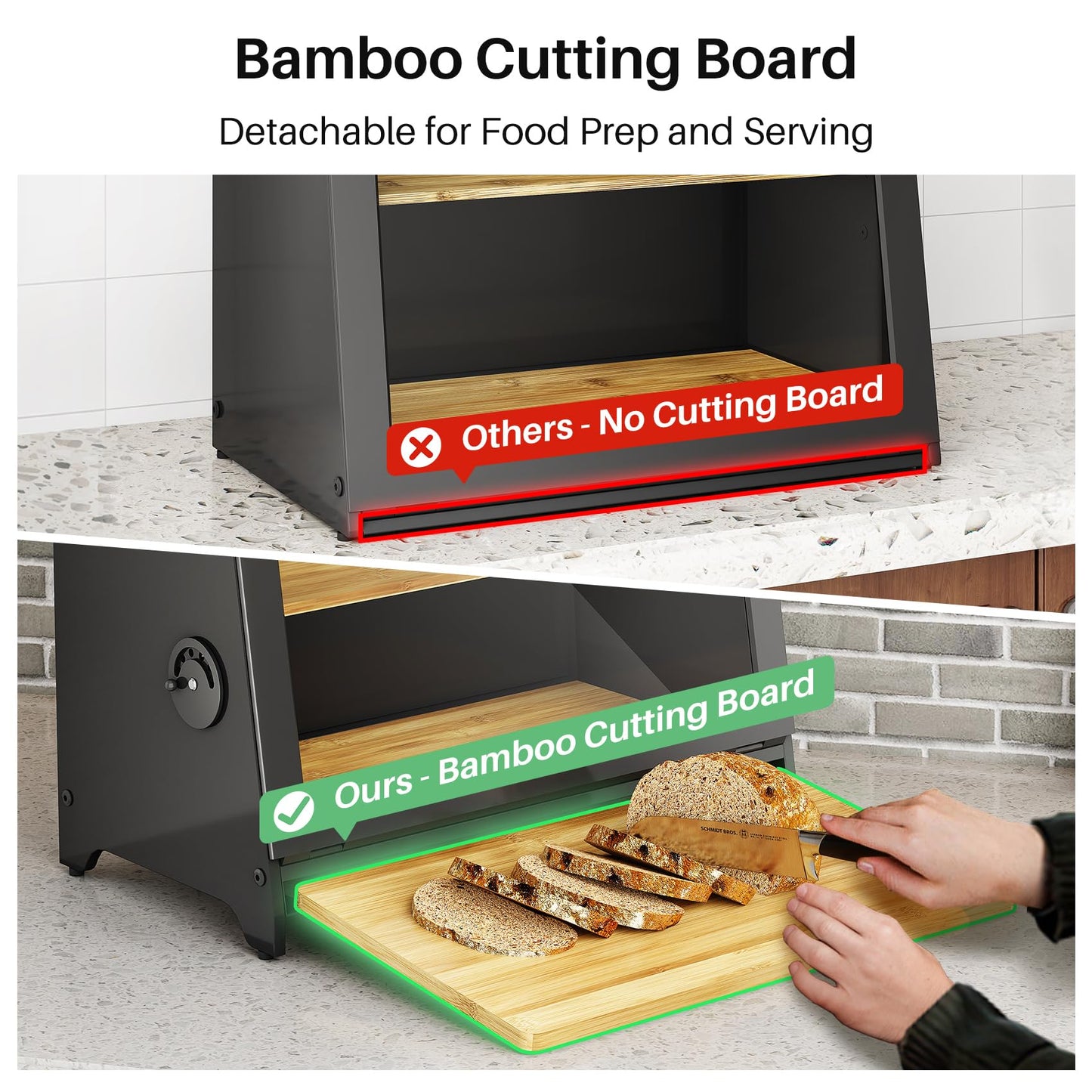 SNTD Bread Box for Kitchen Countertop, Airtight Homemade Bread Storage Container with Adjustable Vent Holes, Bamboo Cutting Board (Black, L)