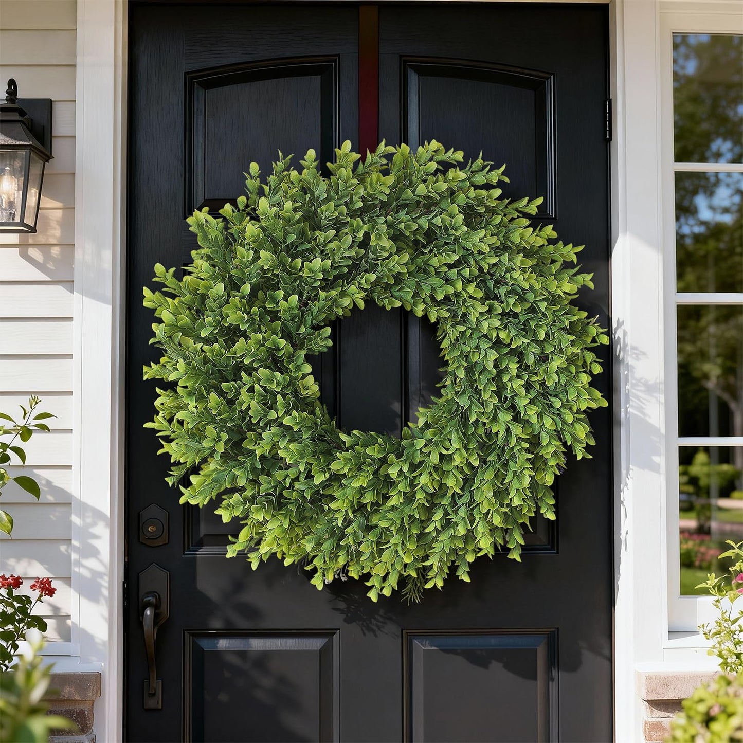 26" Artificial Boxwood Wreath for Front Door - Large Faux Plant Fake Greenery Hanging Wreath for Wall Window Farmhouse Fireplace Home Outdoor Spring Summer Decor