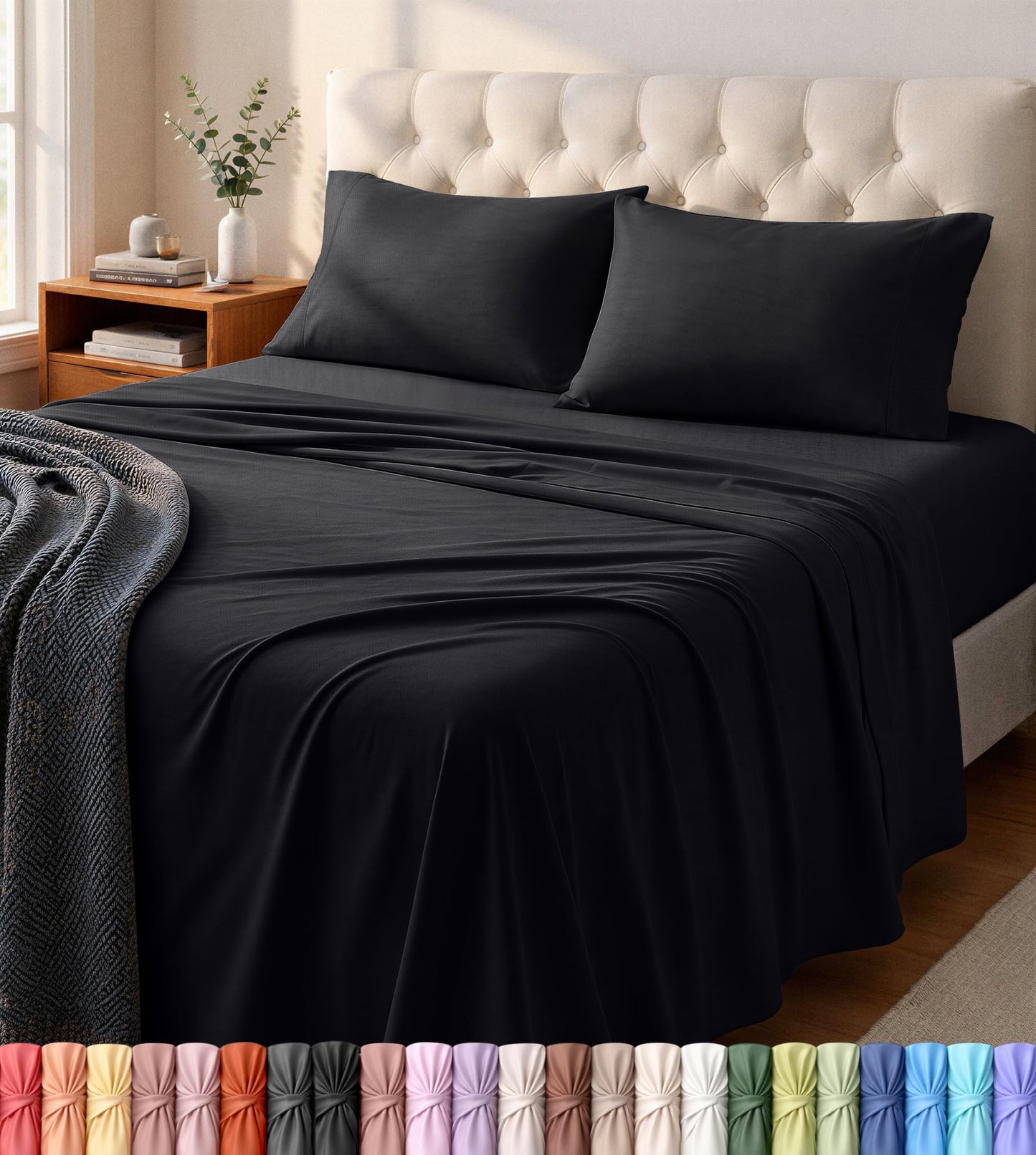 Utopia Jersey Knit 4-Piece Queen Sheet Set Cotton Sheets Soft, Stretchy T-Shirt Fabric (Queen, Black)