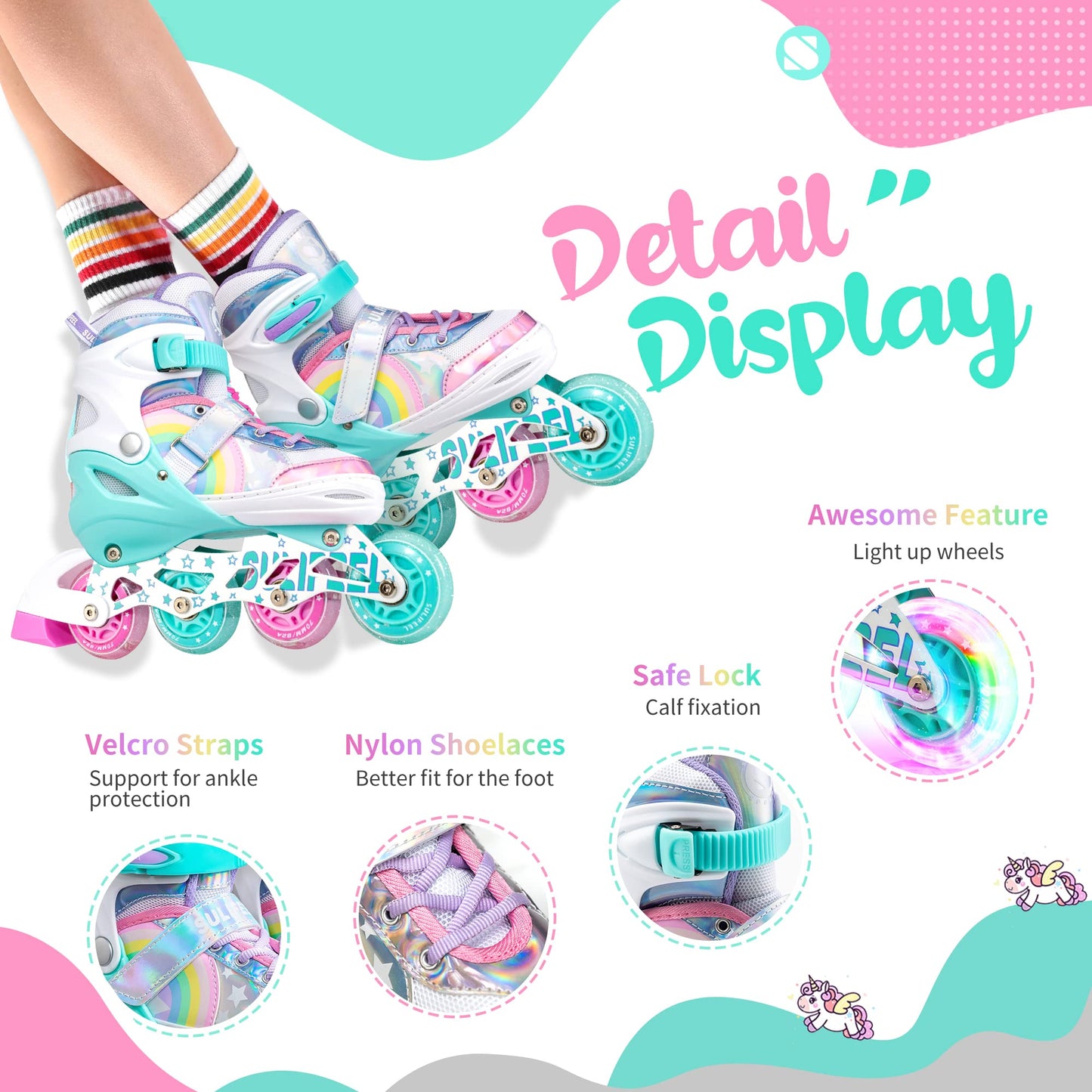 SULIFEEL Rainbow Unicorn Inline Skates for Girls Boys 4 Size Adjustable Light up Wheels Skates for Kids Beginner