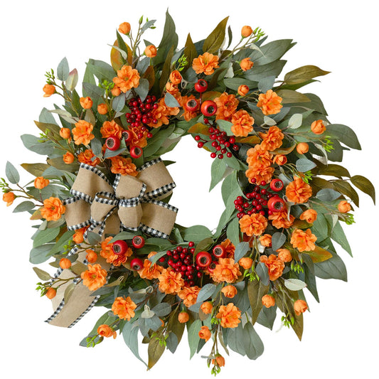 24 Inch Artificial Fall Wreaths for Front Door - Autumn Wreath with Large Red Berries, Fall Leaves, Burlow Bow - Farmhouse Decor for Thanksgiving, Harvest Festival, Indoor Outdoor Wall Porch Holiday