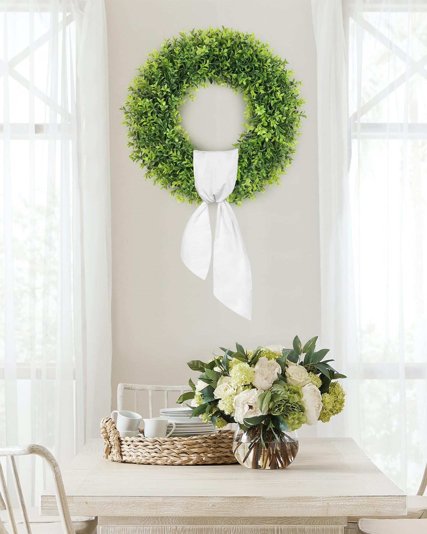Petalyn 24 Inch Large Boxwood Wreath Spring Summer with Sash Artificial Green Wreaths for Front Door Farmhouse Wedding Window Hanging Wall All Year Round Indoor & Outdoor St Patrick's Day Decor