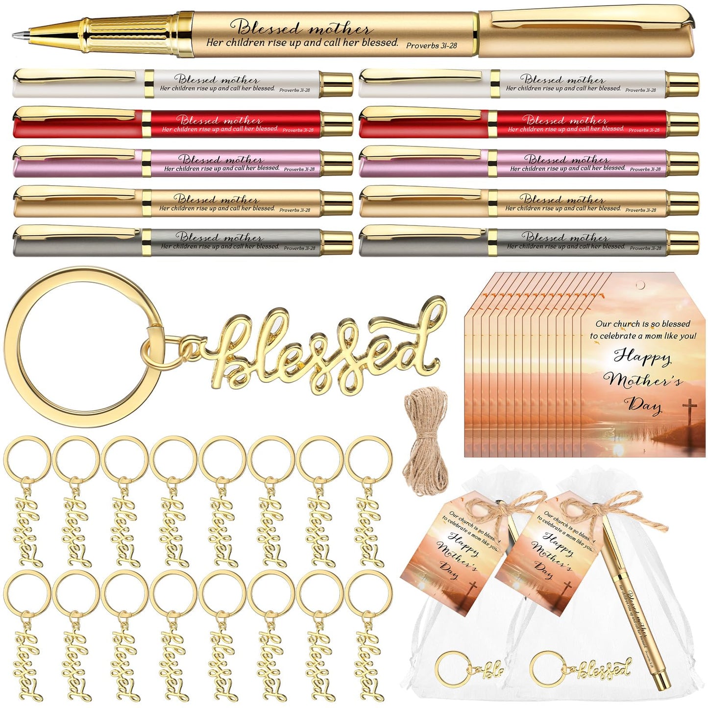 Spakon 50 Sets Church Gift Bulk for Mothers Day Blessed Bible Verse Ballpoint Pens Keychain Christian Cross Happy Mother's Day Tag