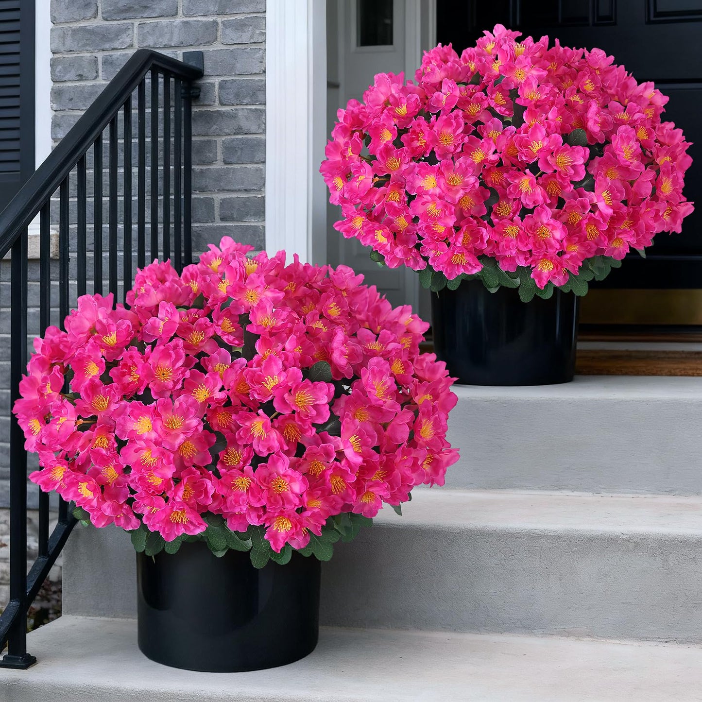 Juxdp 2 Sets of Artificial Camellia Topiary Ball Trees - Fake Flower Potted Plants, UV Resistant Faux Camellia Potted Bushes for Front Door, Farmhouse, Porch, Garden, Outdoor Decoration (Rose Red)
