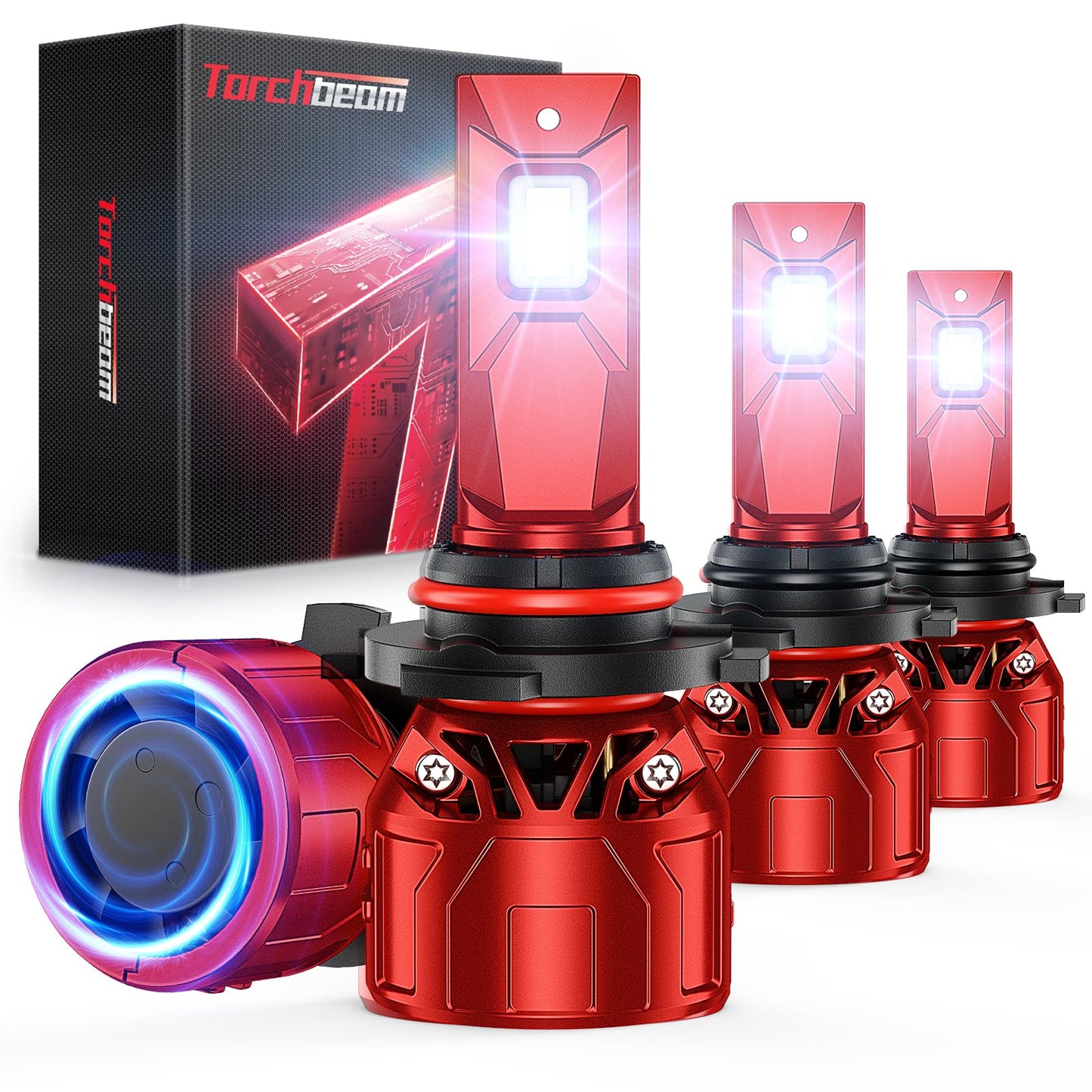 Torchbeam 9005 9006 Fog Lights, 72000LM HB3 HB4 Bulbs with 360° Adjustable Ring, Cooling Fan and U-Shape Cooling Tube, 6500K White, 3 Mins Installation, Pack of 4
